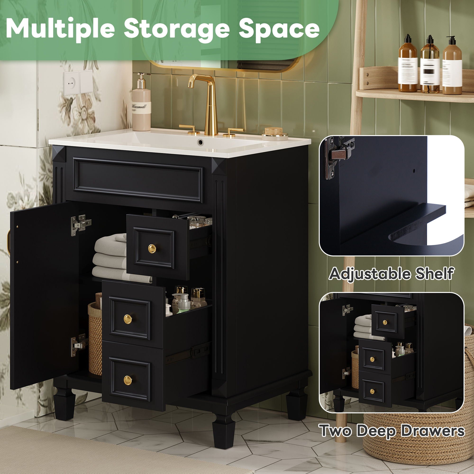 Bathroom Vanity With Sink, Compact Cabinet & 2 Drawers And Adjustable Shelf