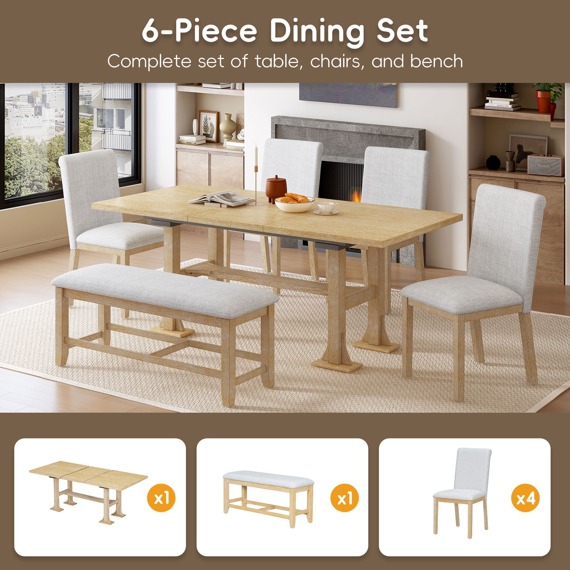 Topmax - 6 Piece Farmhouse Extendable Dining Table Set Trestle Kitchen Table Set With Removable Leaf And Upholstered Dining Chair And Bench For Dining Room - Best Buy Furniture