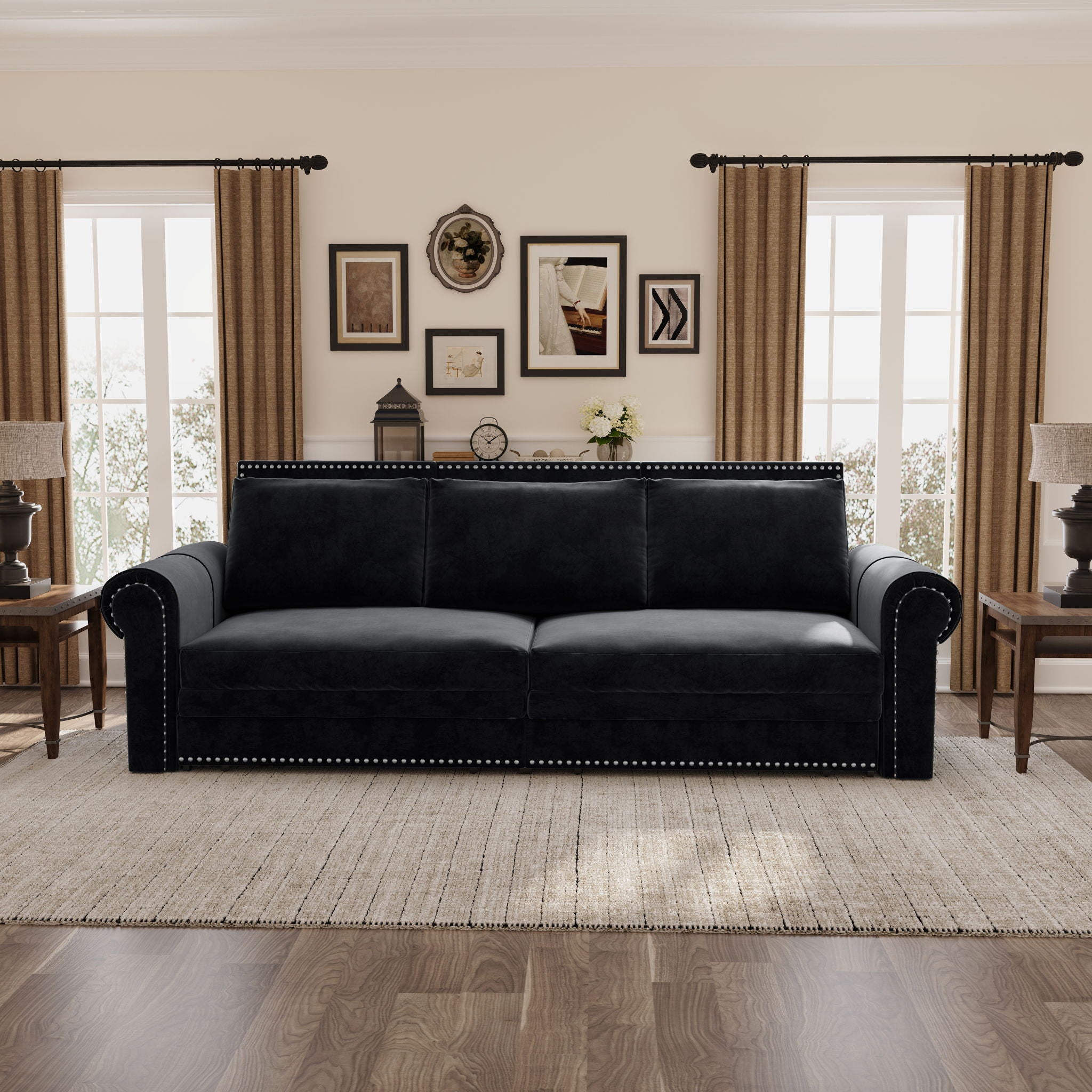 3 In 1 Convertible Sleeper Sofa With Nailhead Trim & Rolled Arm