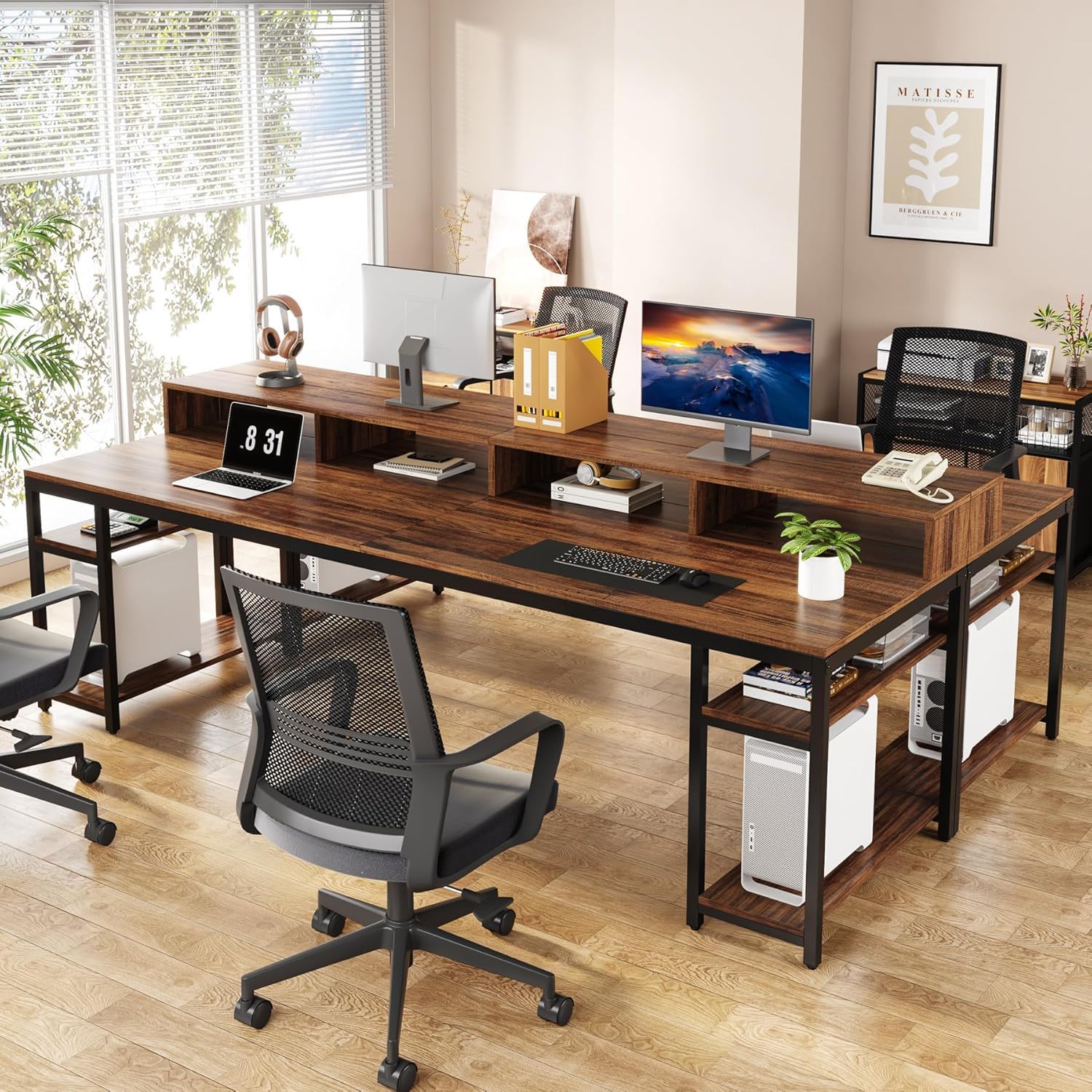 2 Person Desk With Monitor Stand, Long Office Workstation With Dual Storage Shelves And Frame - Brown / Black