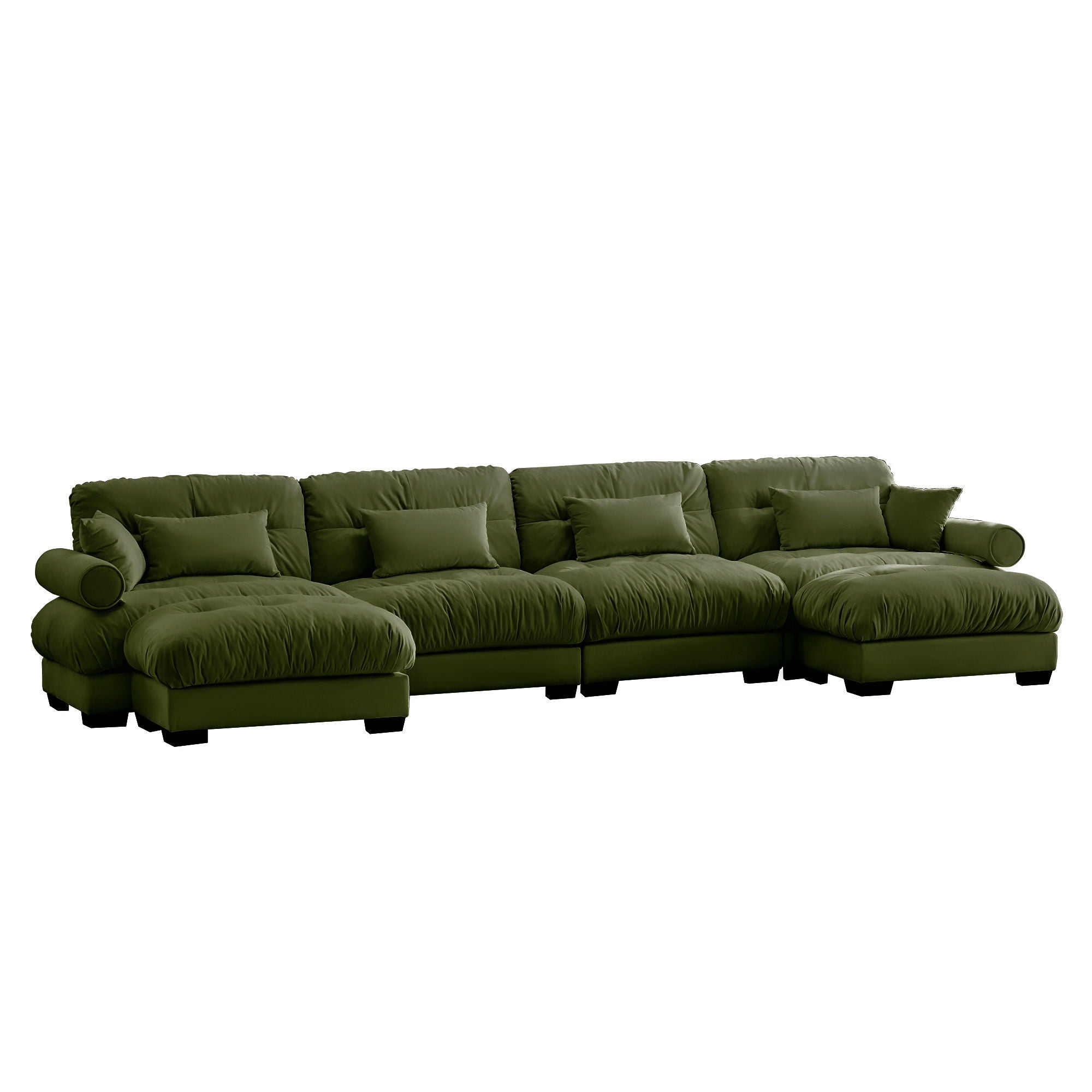 Modern Sectional Sofa With Ottoman, Round Bolster Armrests, Waist And Throw Pillows