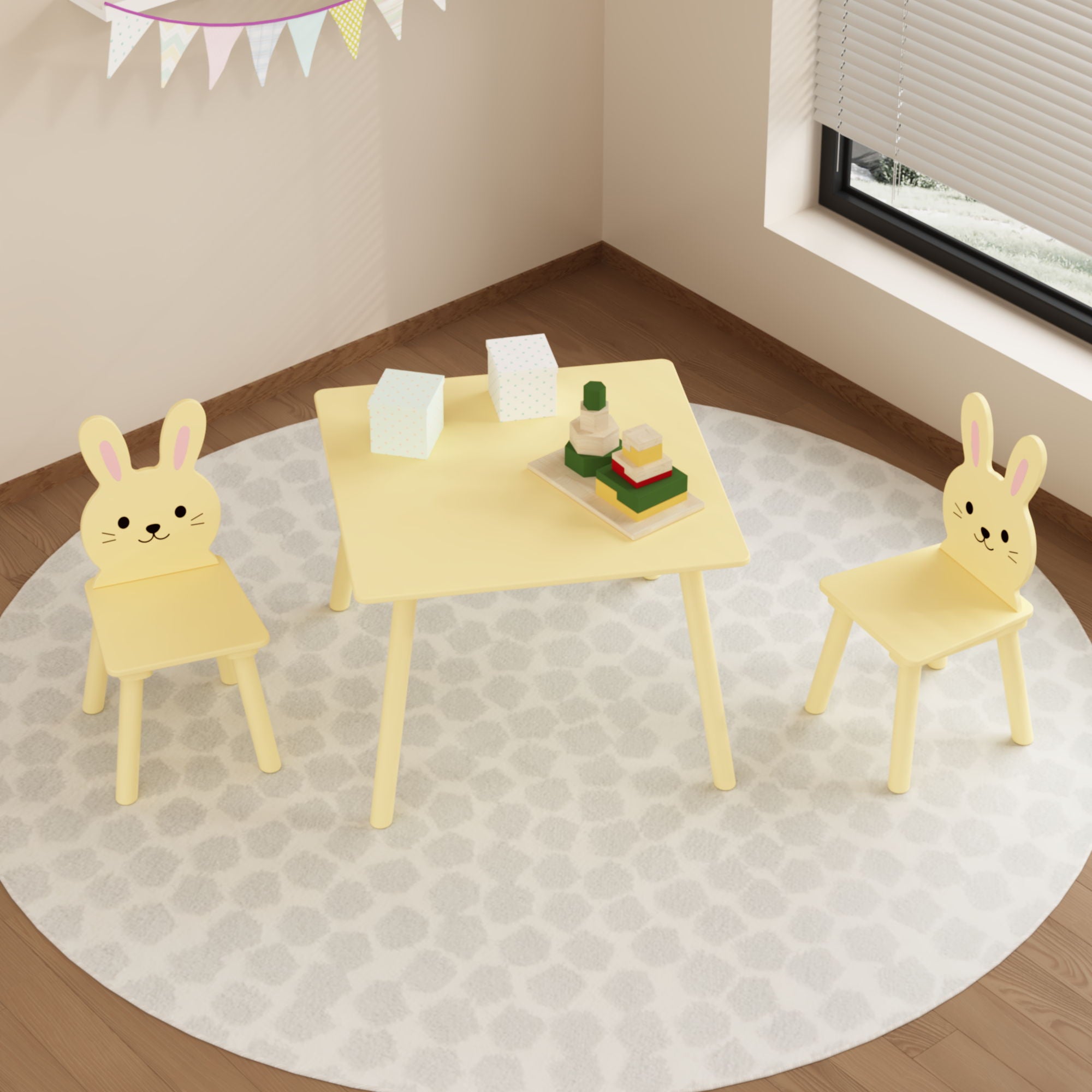 Table And Chair Set With 2 Bunny Chairs, Children's Activity Table For Toddlers, Cute Animal Design - Yellow