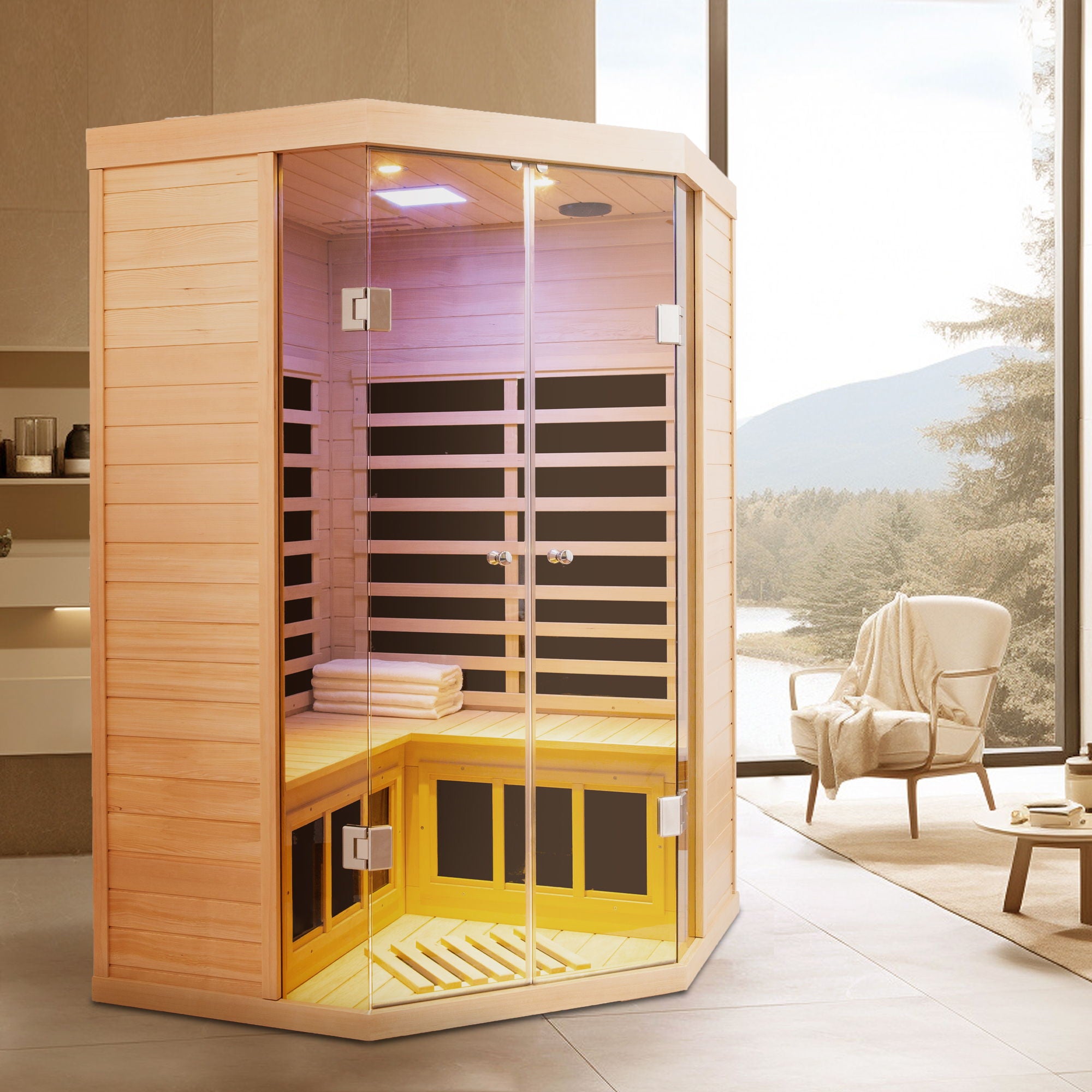 2 Persons Large Glass Front Deluxe Version Hemlock Far Infrared Corner Sauna Room - Natural