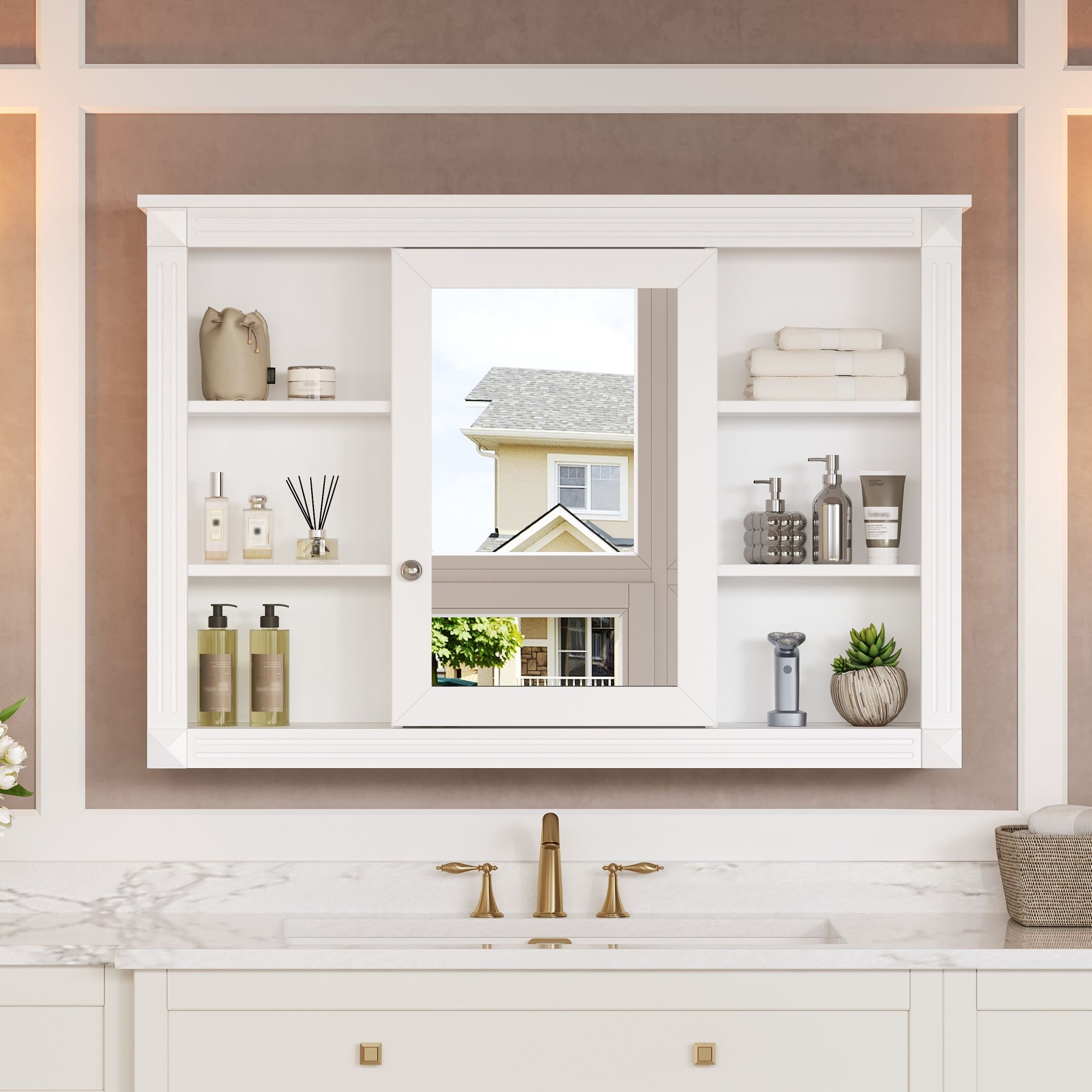Wall Mounted Bathroom Storage Cabinet With Mirror, Medicine Cabinet With 6 Open Shelves And Adjustable Interior - White