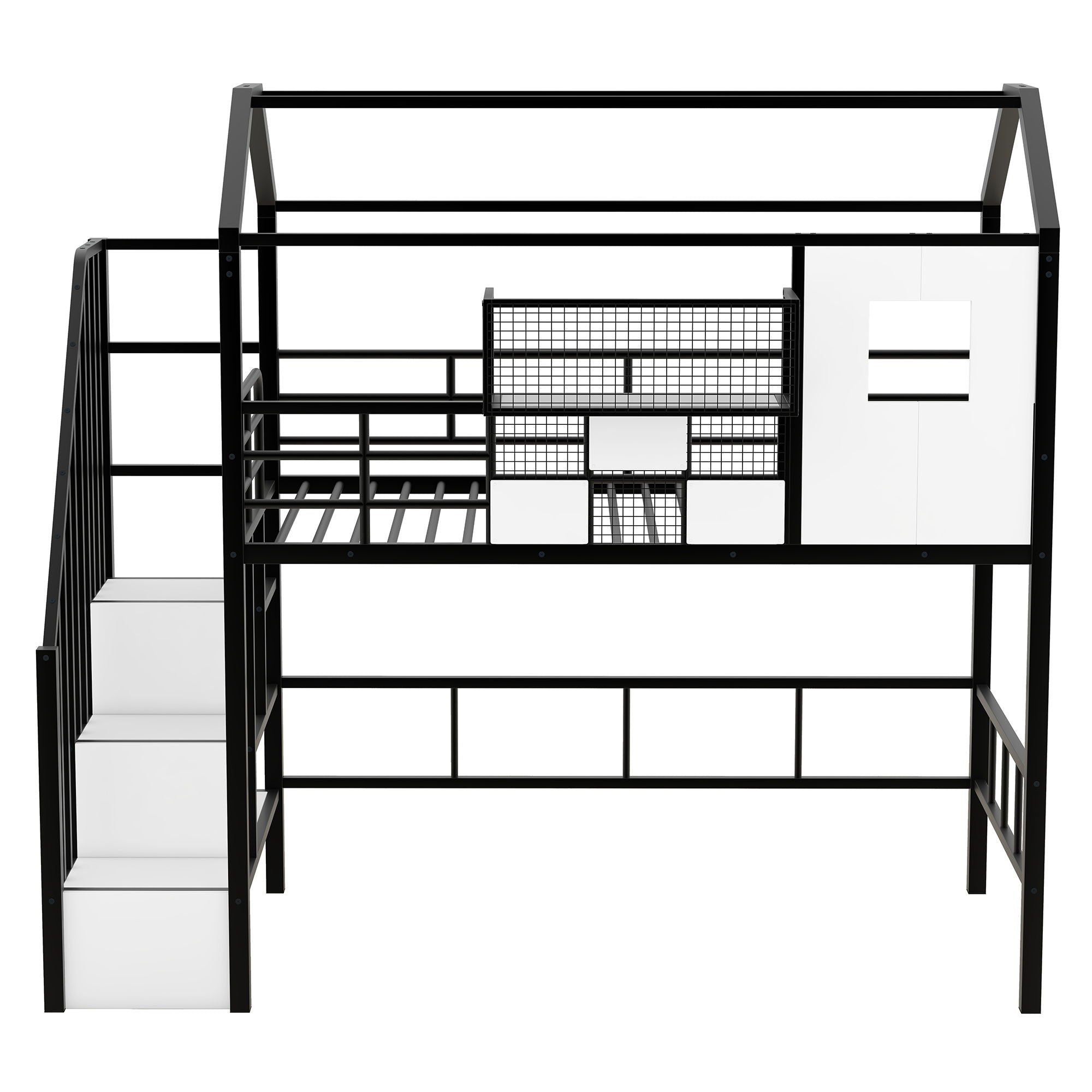 Metal Loft Bed With Roof Design And Storage Box With Guardrails And Integrated Ladder