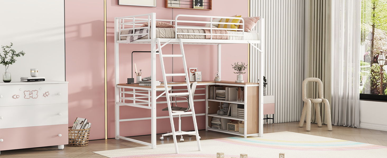 Loft Bed & 3 Layers Of Shelves And L-Shaped Desk