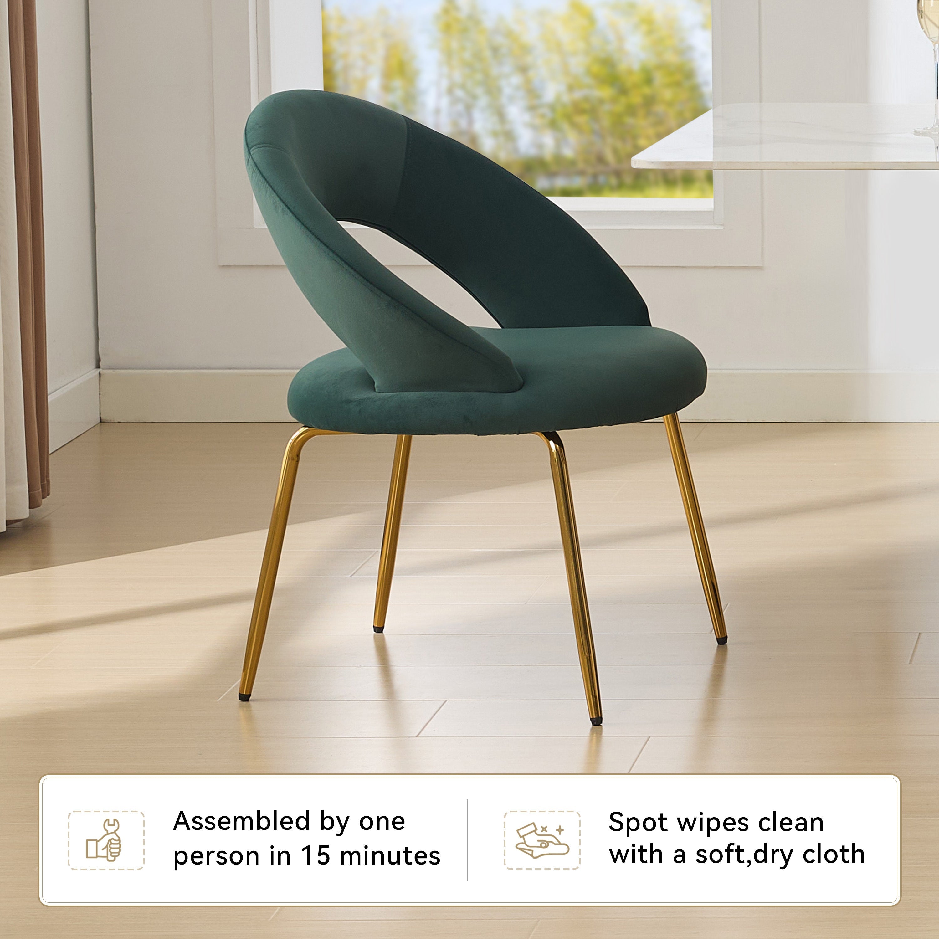 Velvet Fabric Dining Chair with Curved Backrest and Golden Metal Legs