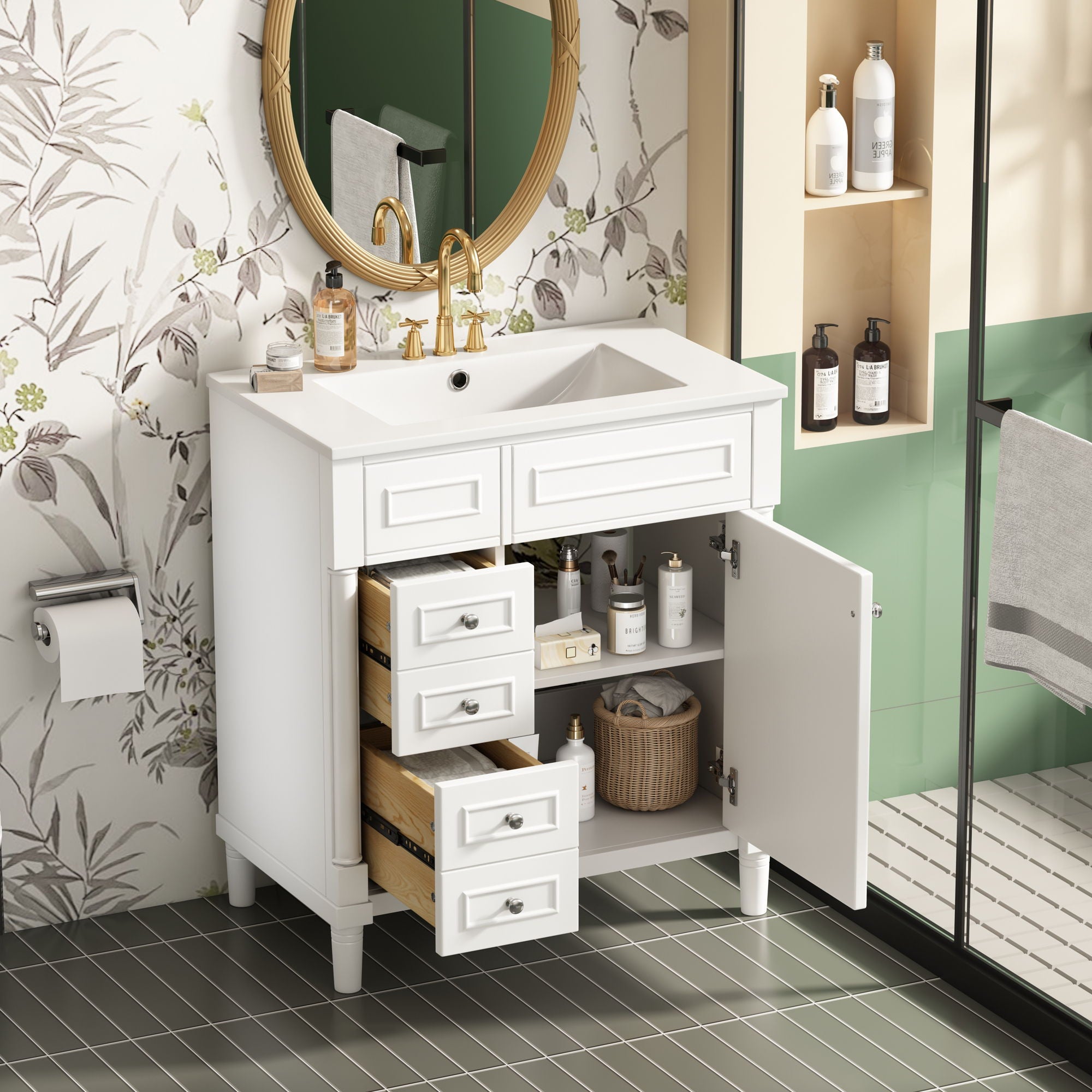 Bathroom Vanity With Sink, Freestanding Storage Cabinet & 2 Drawers And Soft Closing Door, Solid Legs, Frame, Basin,