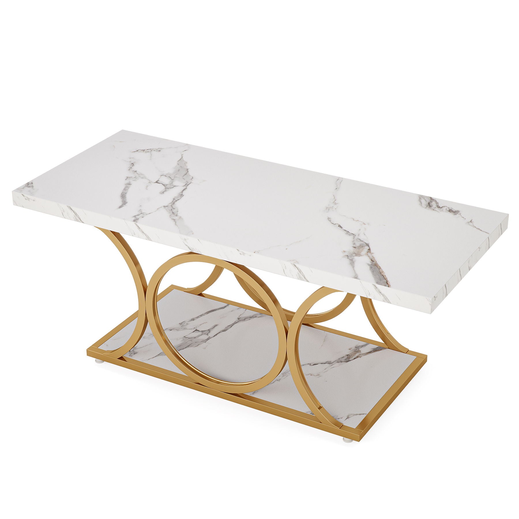 Rectangle Coffee Table, 2 Tier With Geometric Legs, Furniture With Storage Shelf - White / Gold