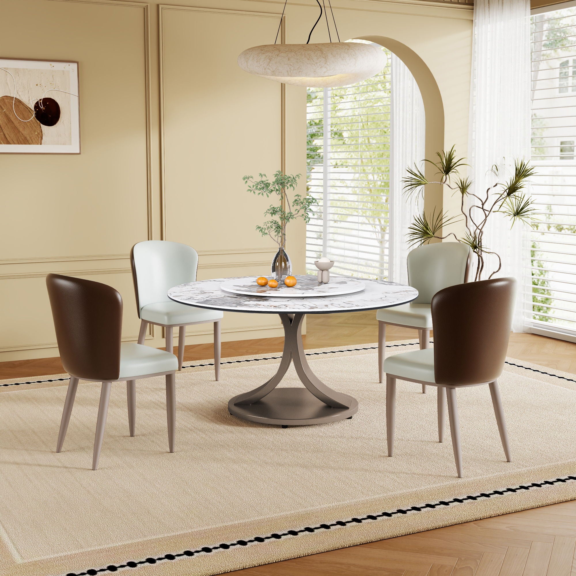 Round Dining Table With 360° Rotating Lazy Susan Scratch & Heat - Dark Purple / White