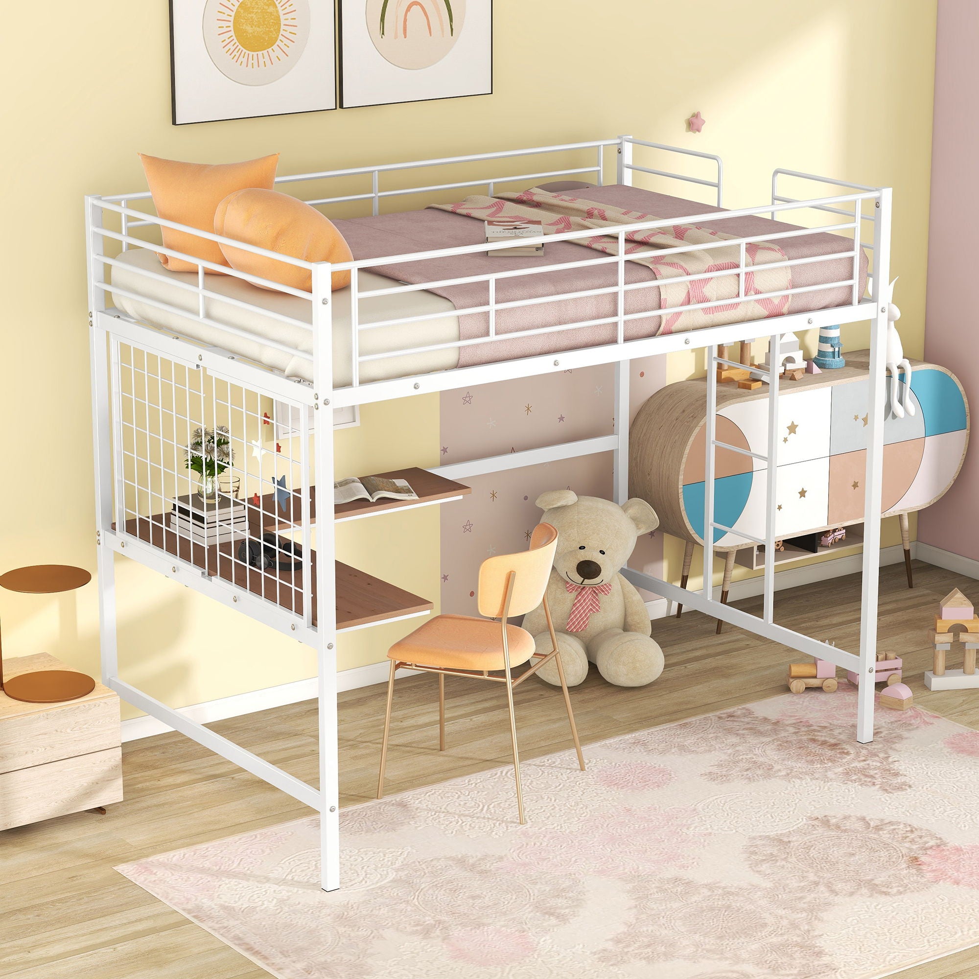 Full Loft Bed With Desk And Grid - White