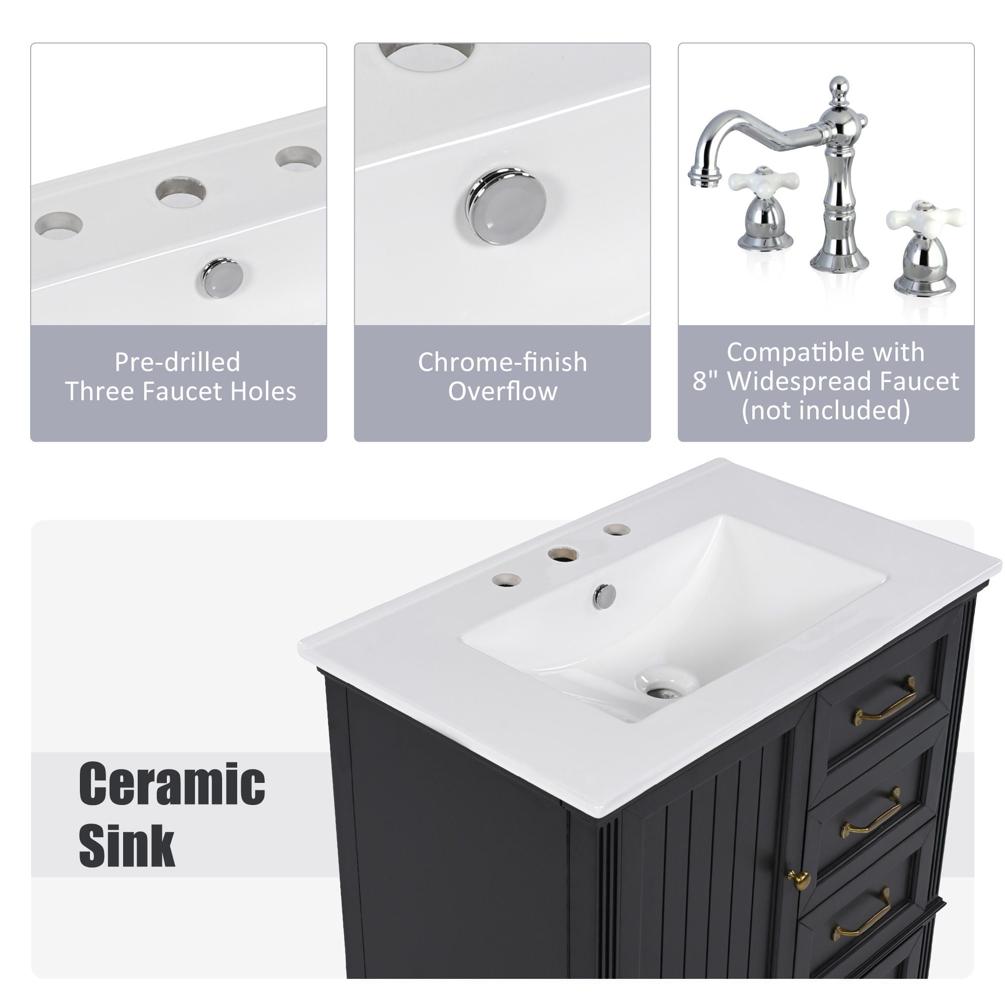 30" Bathroom Vanity With Sink, 3 Drawers, Adjustable Feet