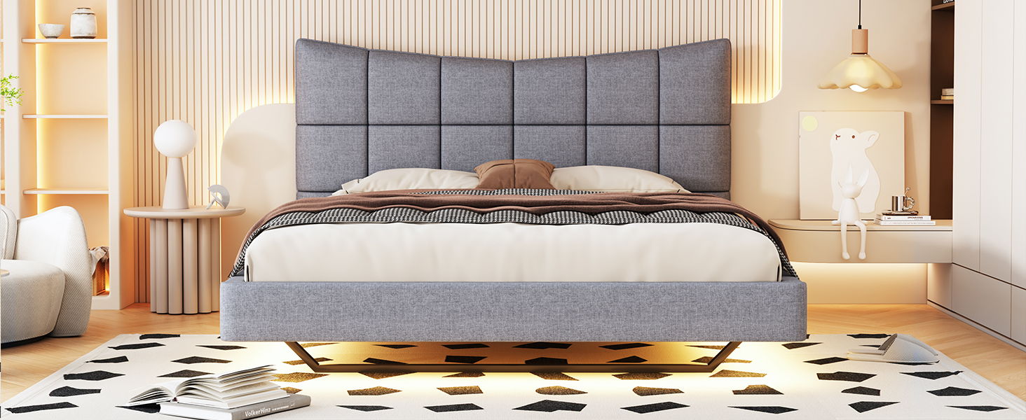 Full Size Upholstered Platform Bed With LED Lights, USB Ports And Outlets - Gray