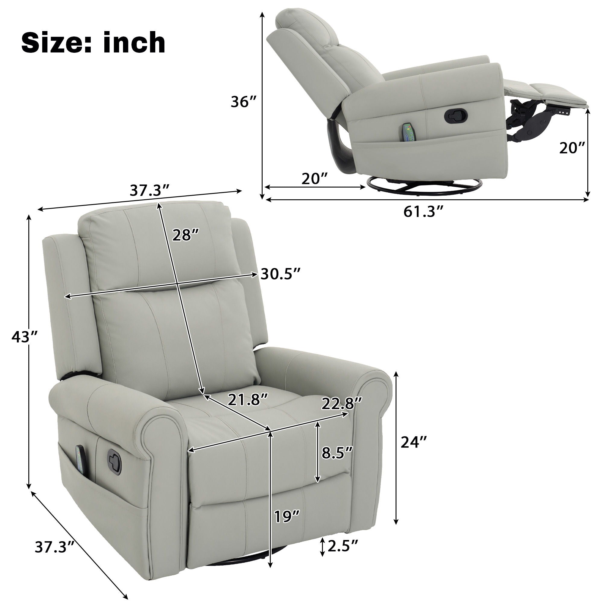 Manual Recliner Chair With 270 Degree Swivel, Massage & Heating, Dual Reclining Positions