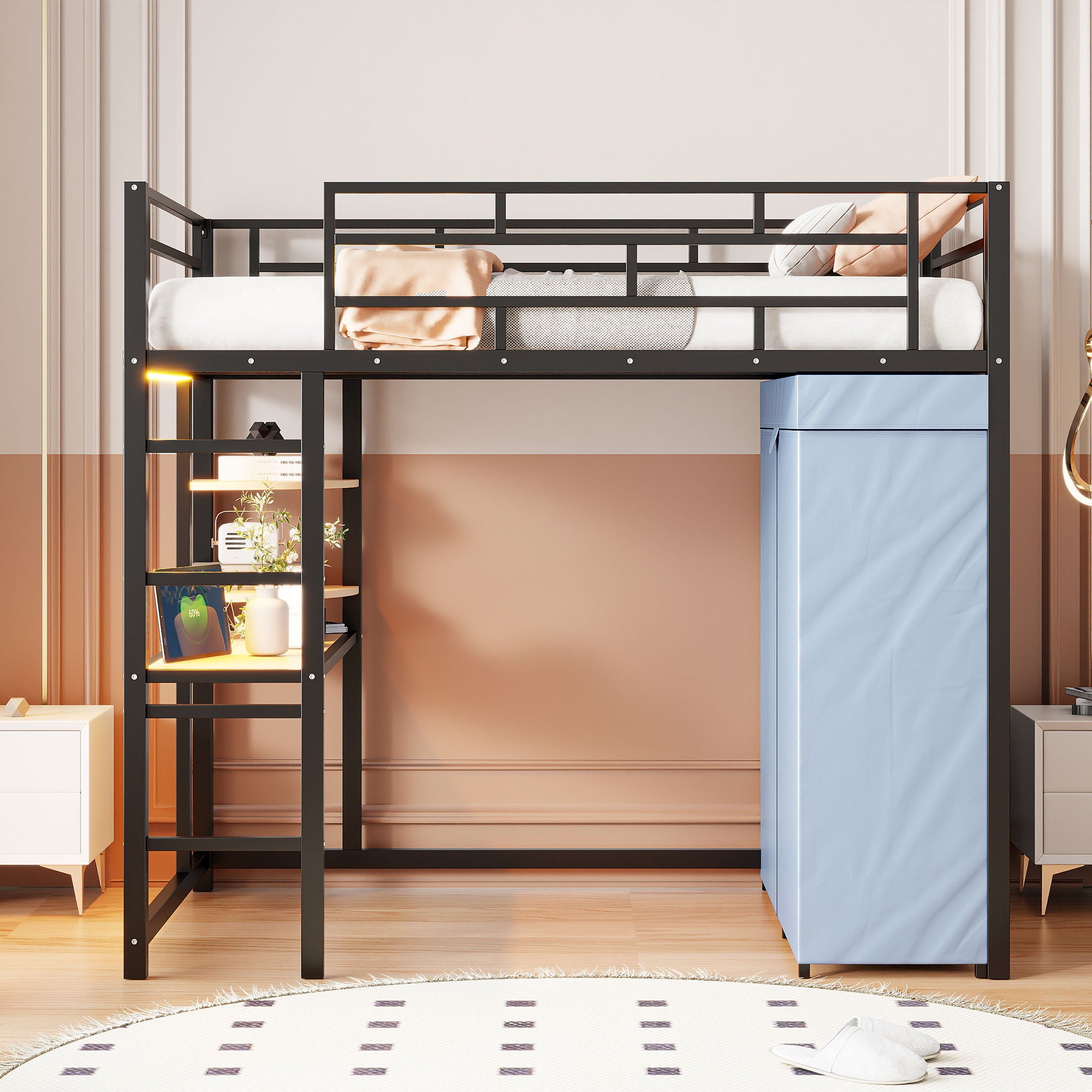 Loft Bed With Desk, Shelves, Power Outlet, LED Light And Wardrobe
