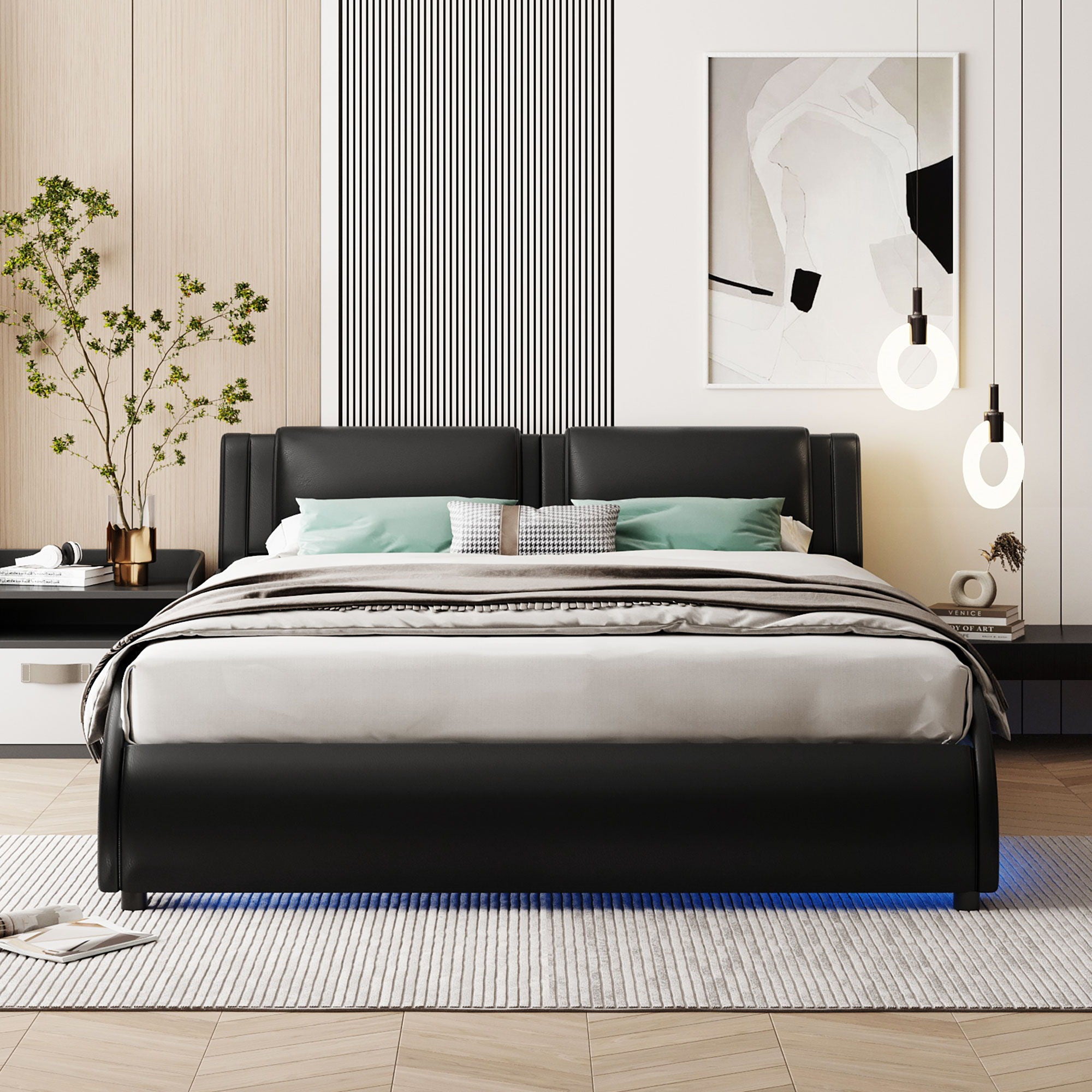 Upholstered Platform Bed With LED Light, Frame Slatted
