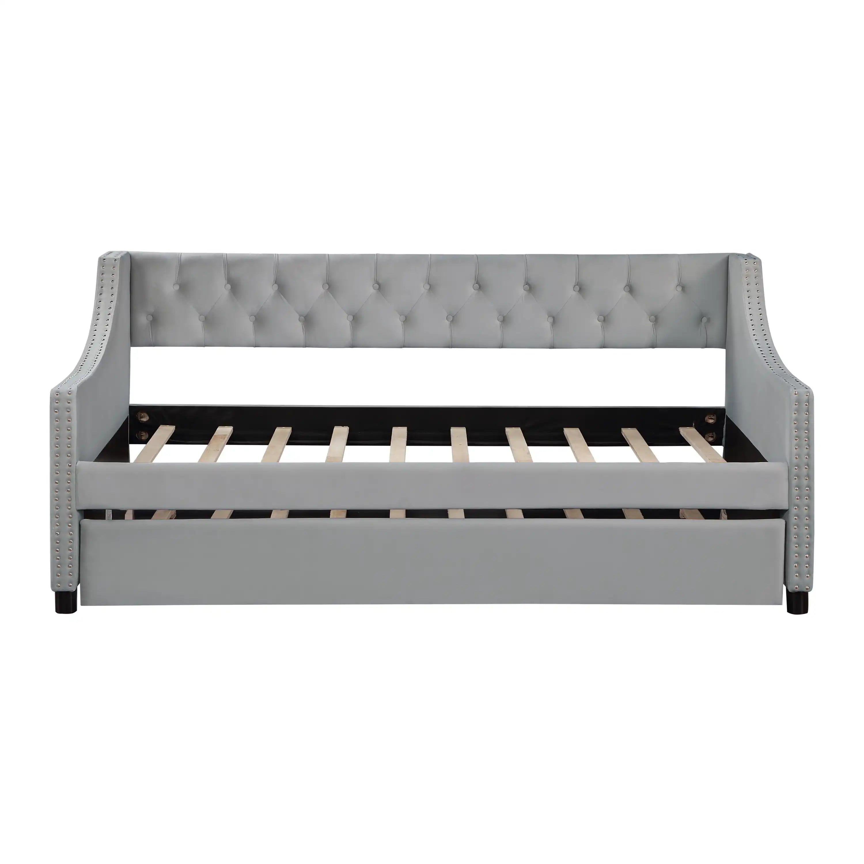 Twin Size Upholstered Daybed with Trundle, Wood Frame, Beige