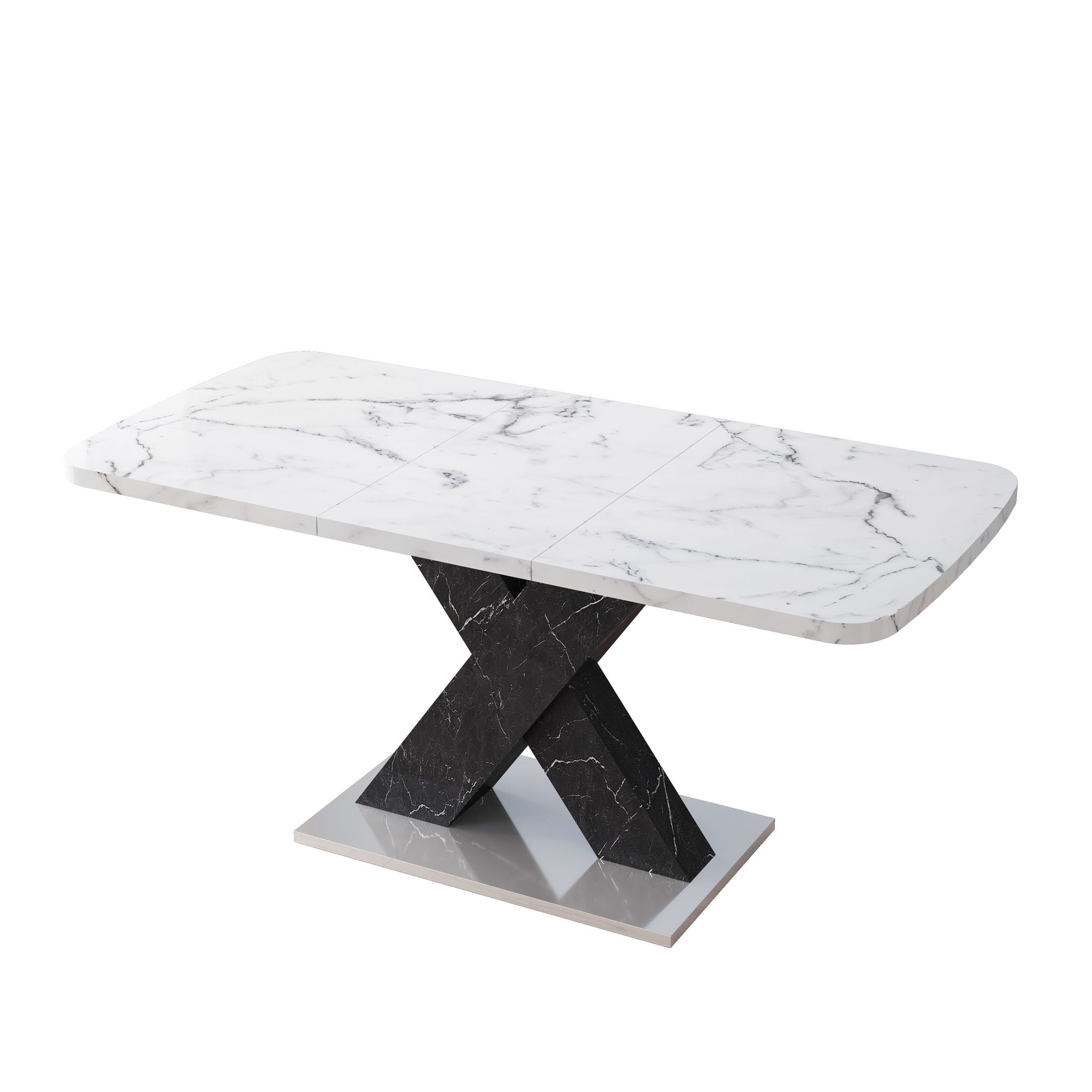 Rectangle Dining Table With Stretchable Top, X Shape Mdf Legs With Steel Base - White / Black