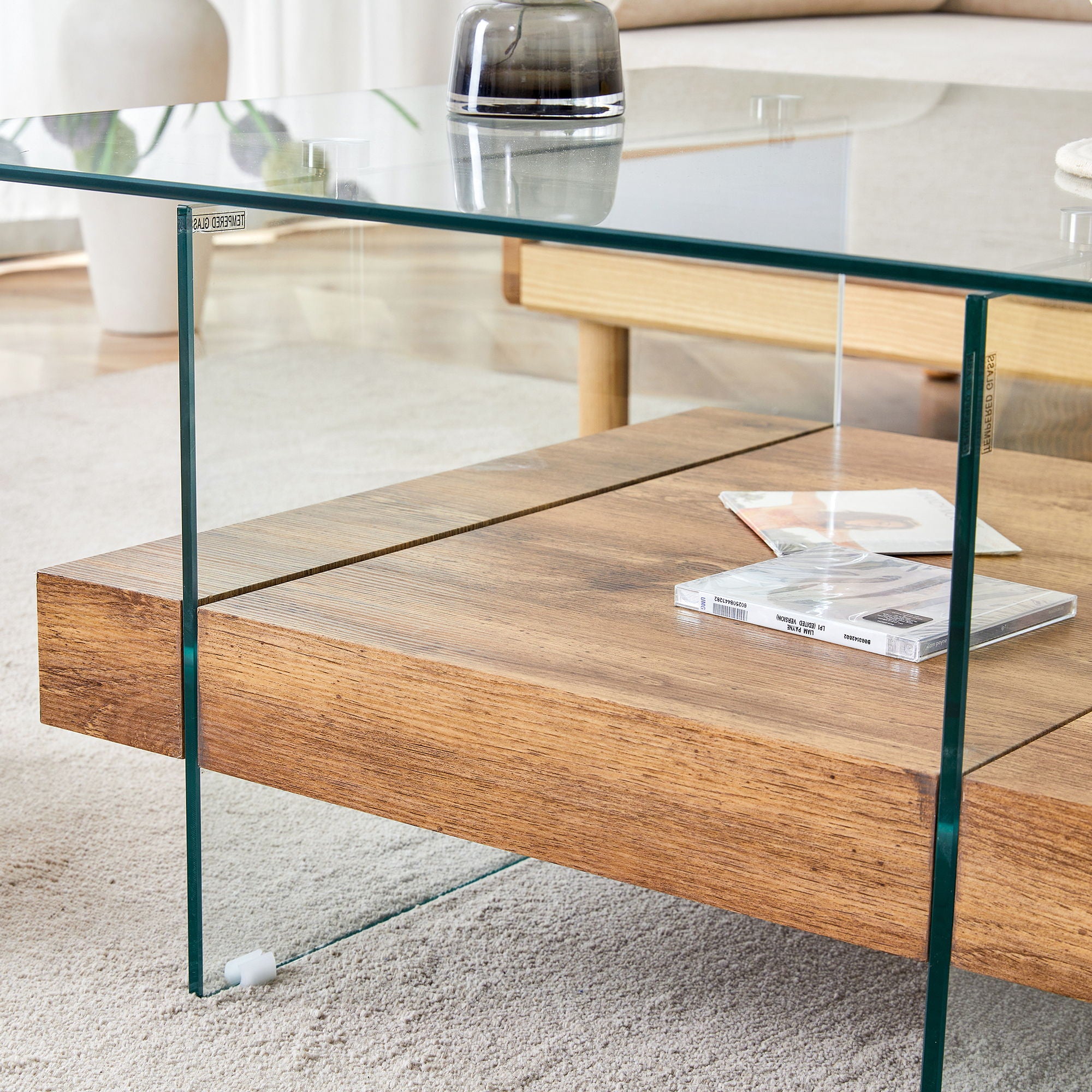 Modern 2 Tier Square Coffee Table, Elegant Marble Pattern