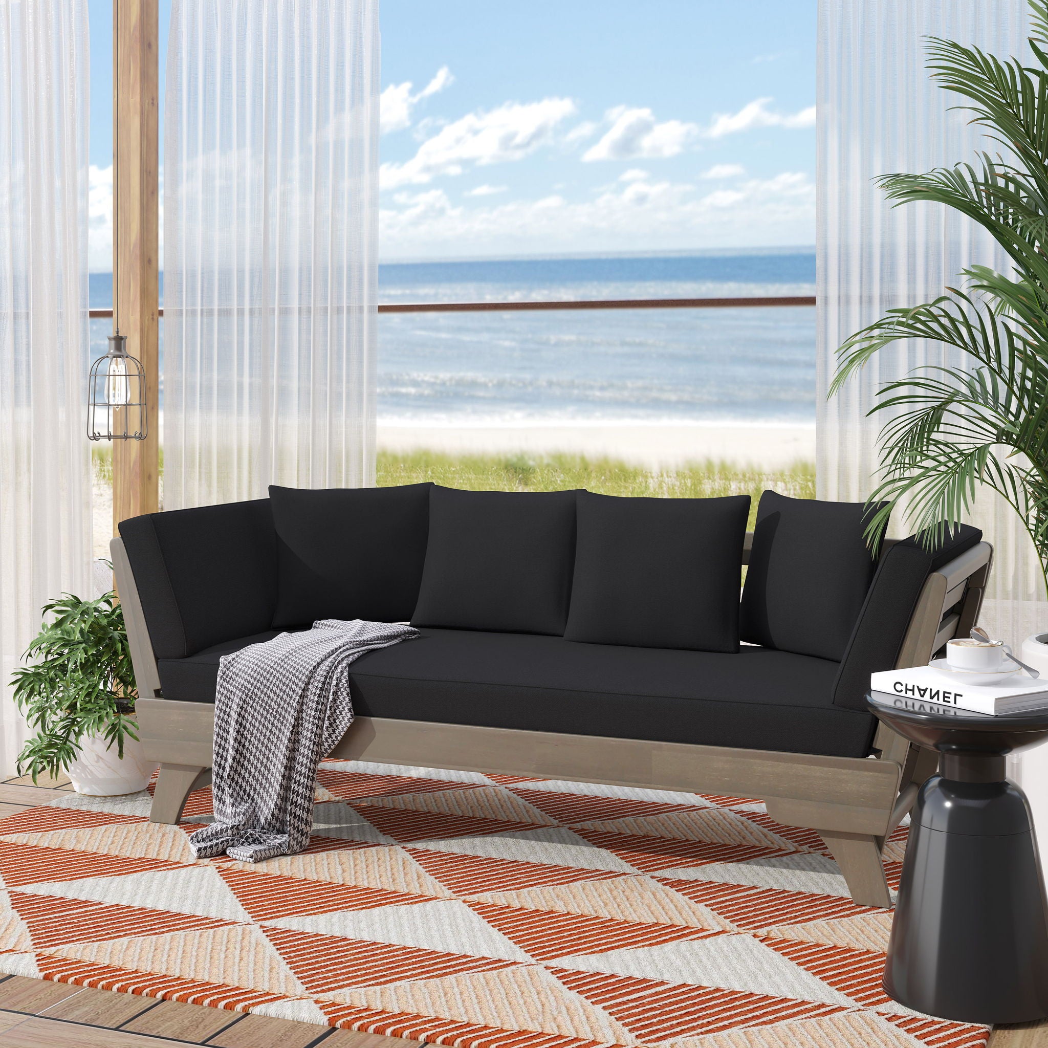 Outdoor Patio Daybed Sofa, 3 Seat Sofa With Foldable Arm 4 Back Pillows