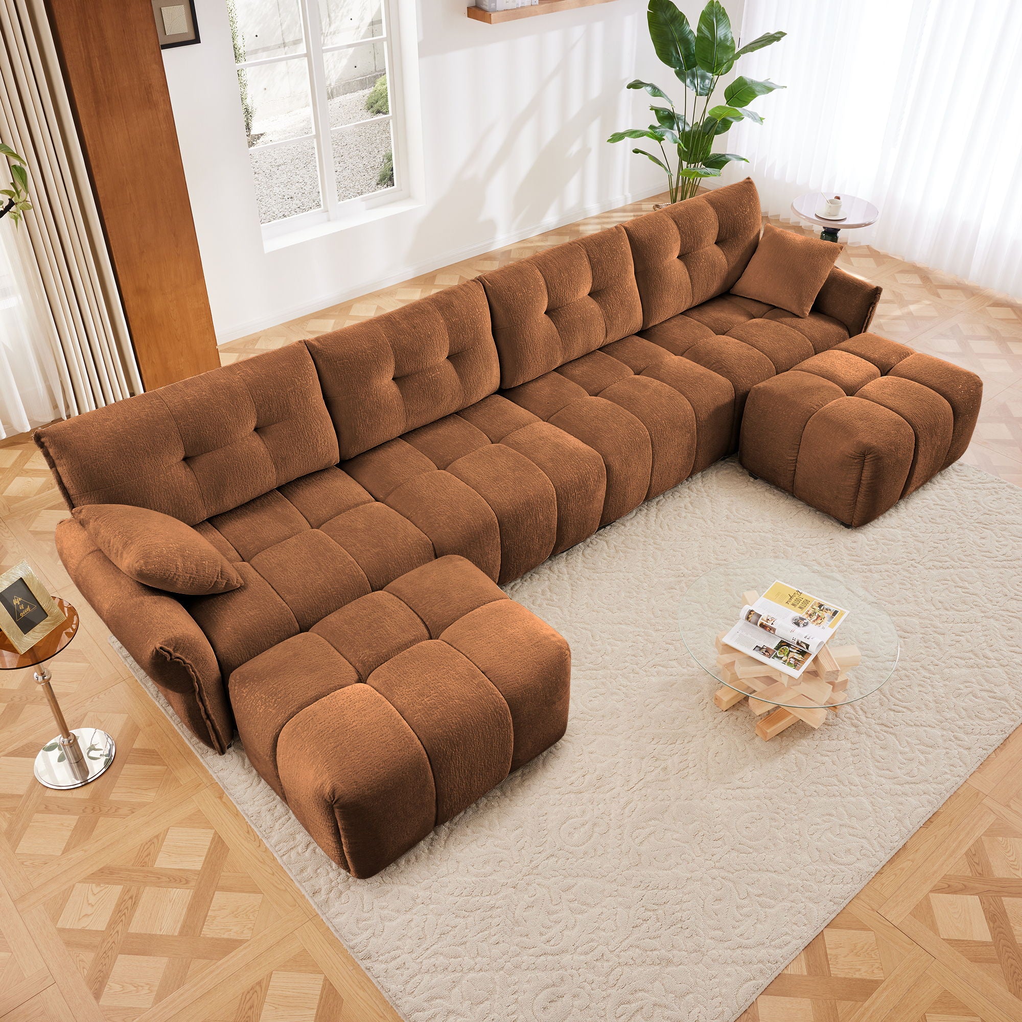 Exquisite Living 4 Seater Sofa Set With 2 Ottomans Frame, Premium Fabric - Burnt Orange