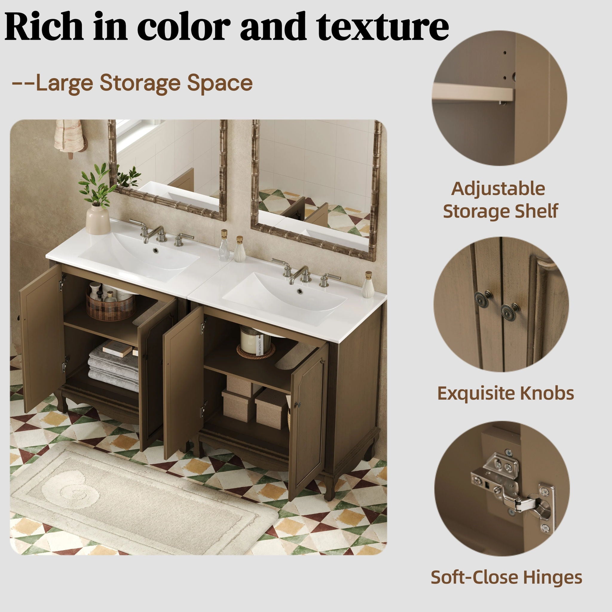 Vintage Double Sink Bathroom Vanity Set With Ceramic Sinks