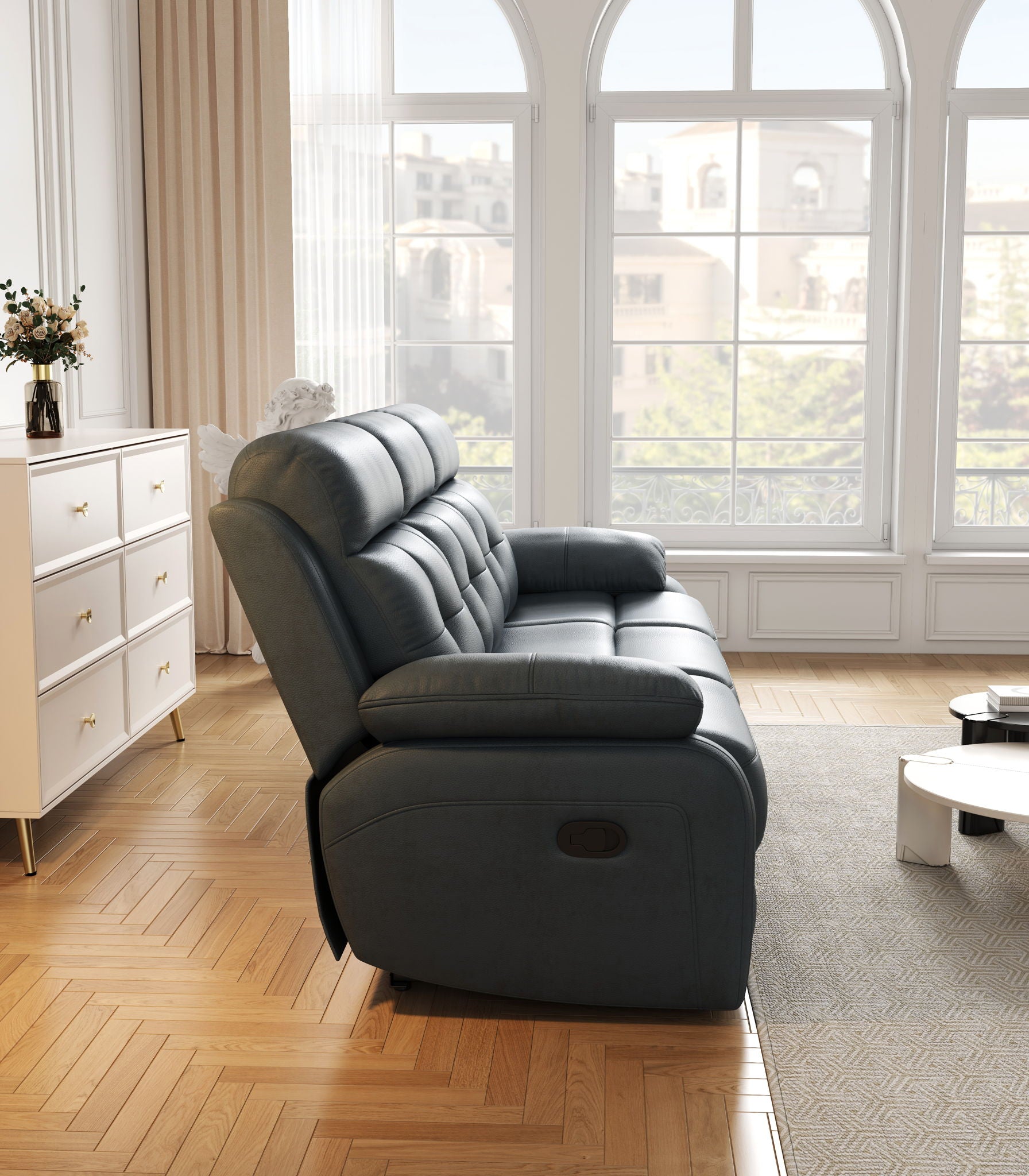 Genuine Leather Non Power Reclining Sofa With Drop Down Table, Stainless Steel Cupholders And Magazine Bag