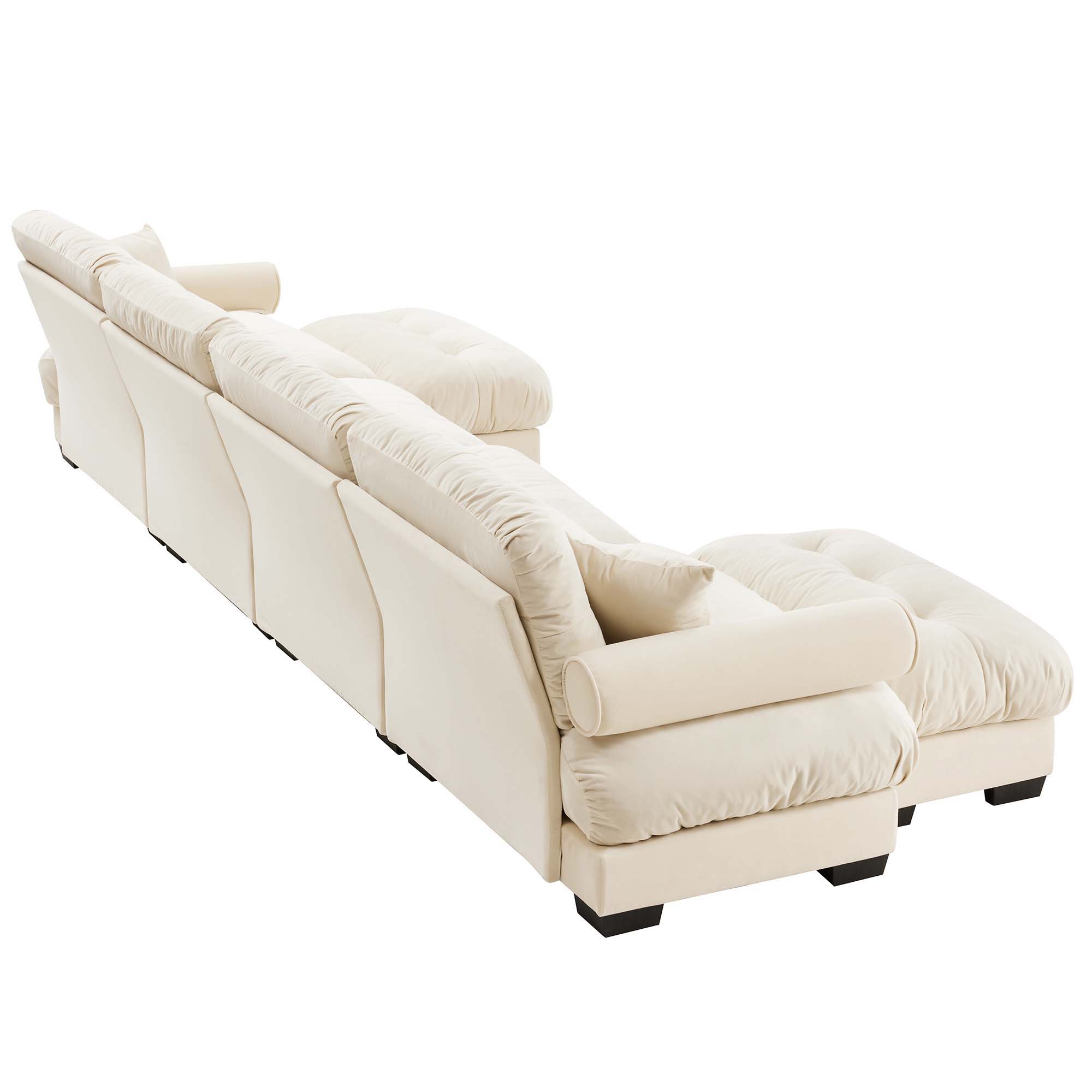 Modern Sectional Sofa With Ottoman, Round Bolster Armrests, Waist And Throw Pillows