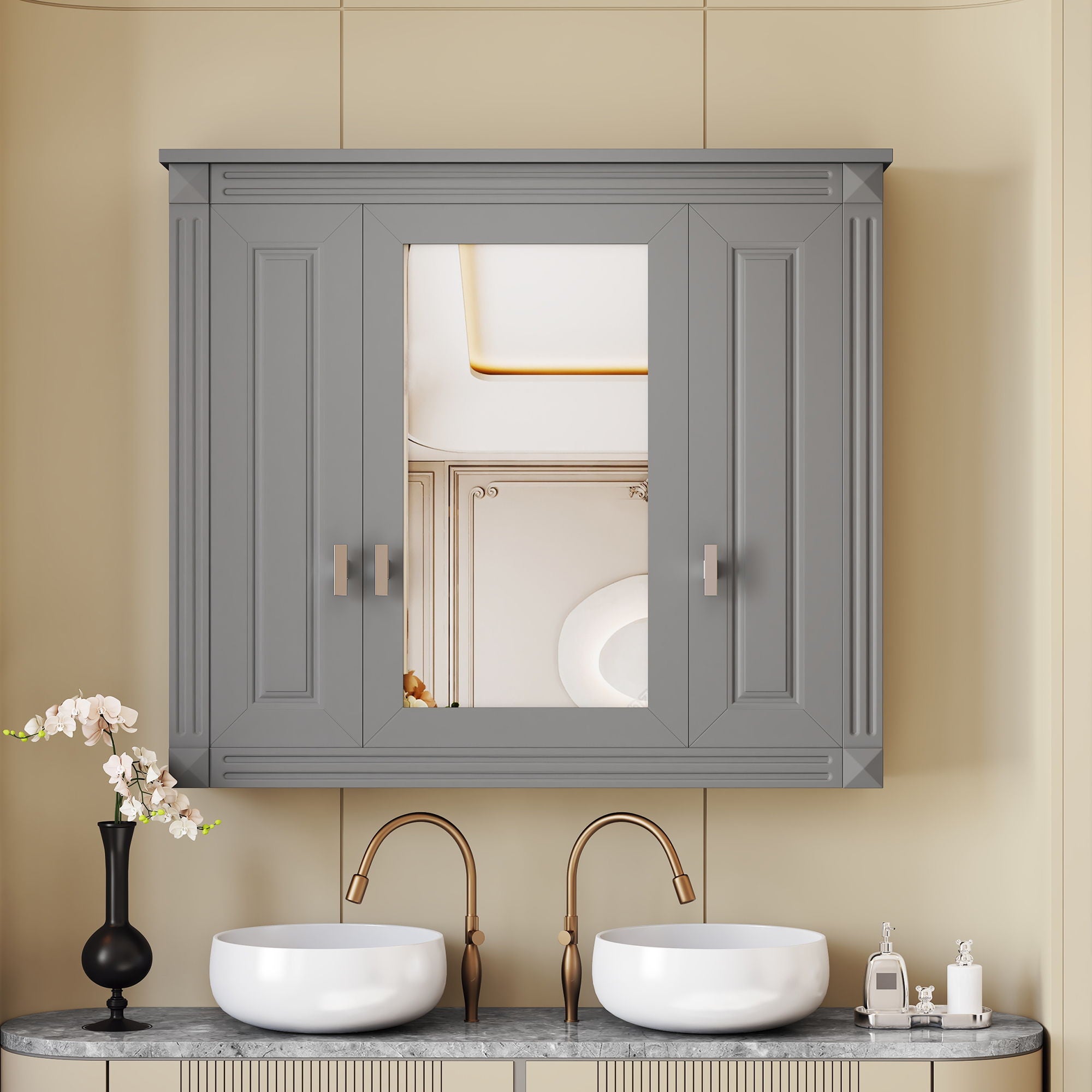 Wall Mounted Bathroom Cabinet With Mirror And 4 Shelves, Rectangular Design - Gray