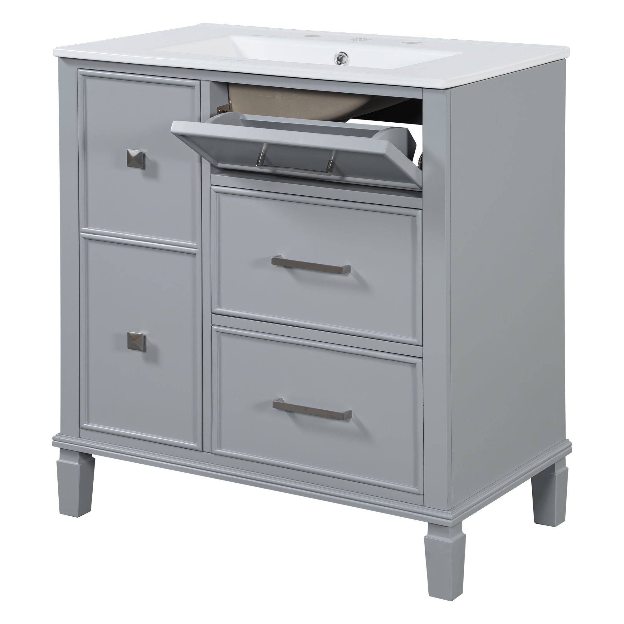 Bathroom Vanity With Ceramic Sink, Flip Out Drawer Design For Plumbing, Soft Close Drawers