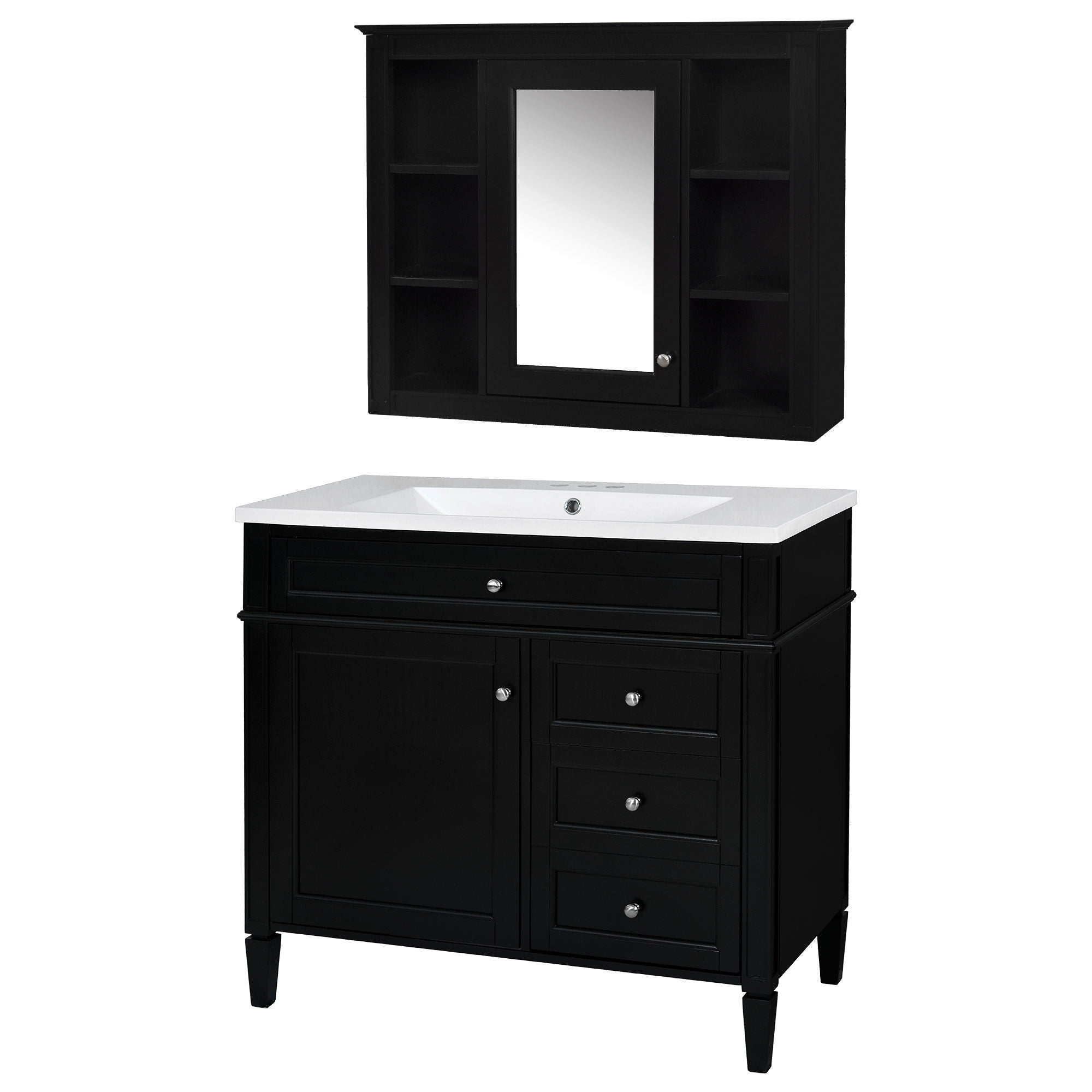 Bathroom Vanity With Top Sink, Storage Cabinet With Mirror, 2 Doors, 3 Drawers, 6 Open Shelves