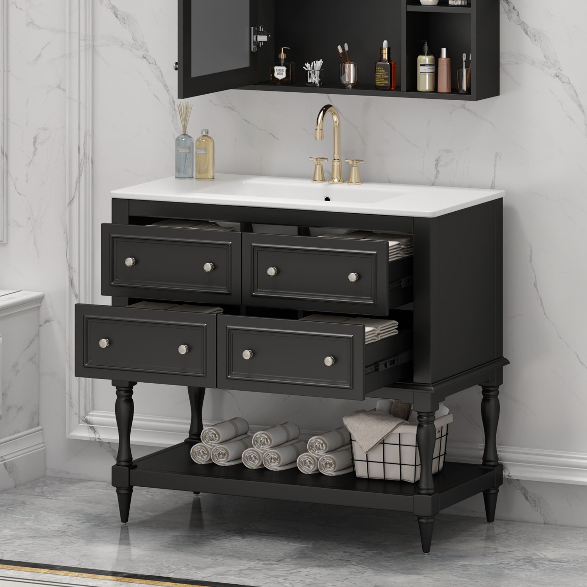 Bathroom Vanity Cabinet With Undermount Sink, 4 Drawer Set