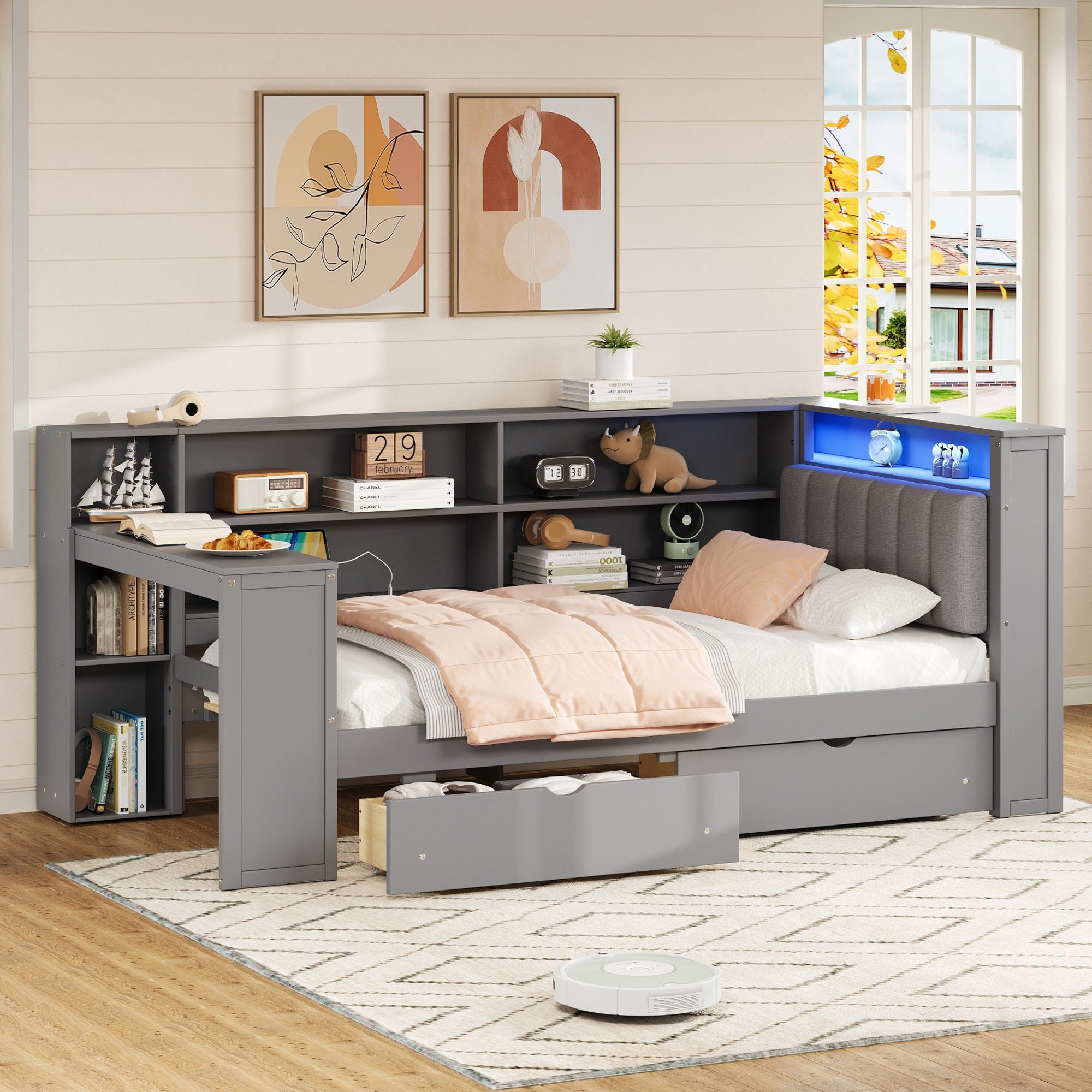 Platform Bed With Upholstered Headboard, Storage Shelves, Drawers, Charging Station, LED Lighting, Built In Desk
