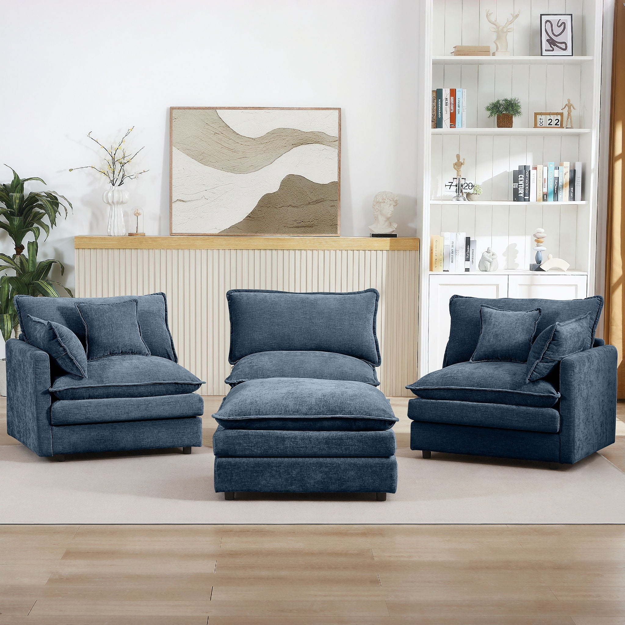 Modular Sectional Sofa L-Shaped Couch With Movable Ottoman - Blue