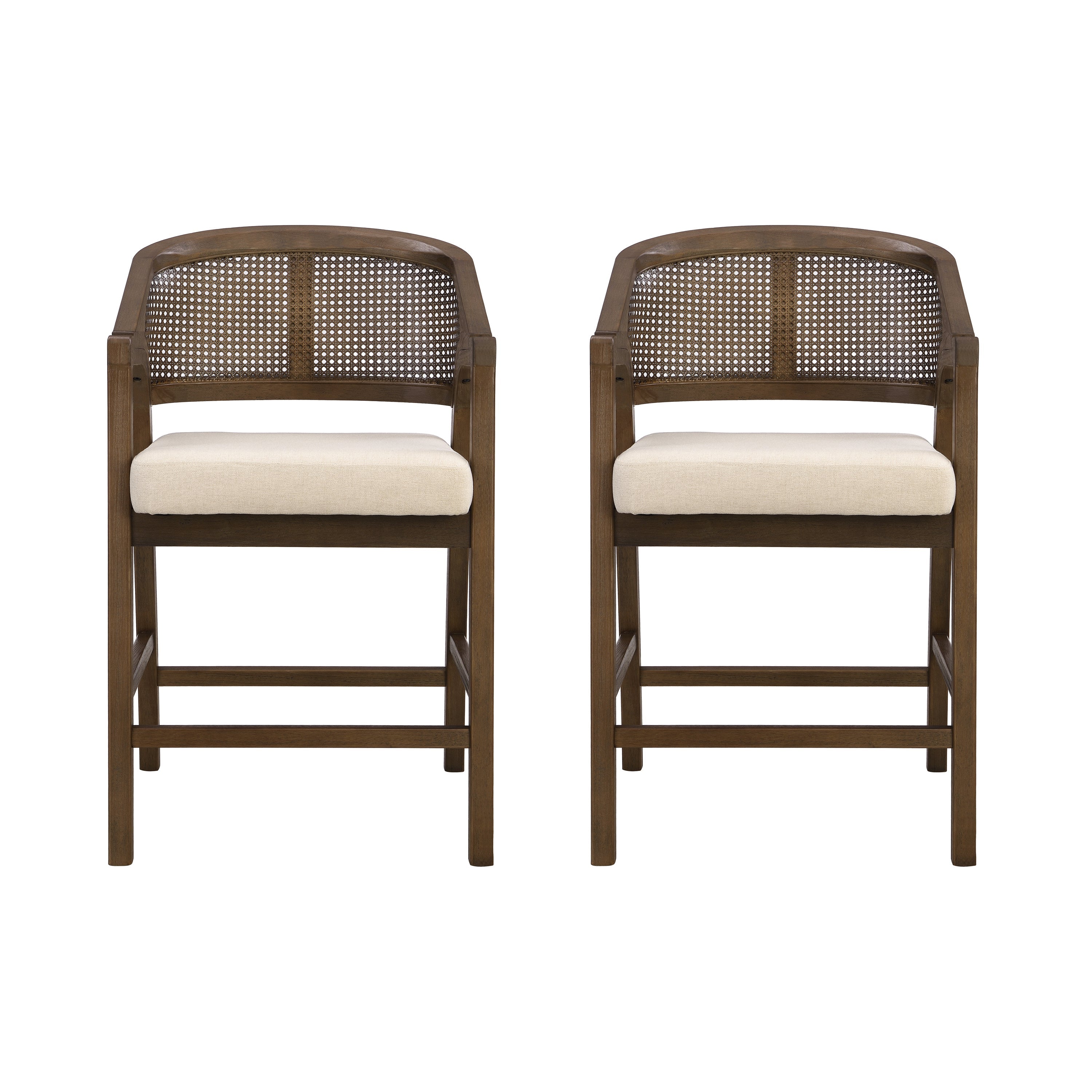 Wooden Frame Counter Stool with Rattan Back - Set of 2