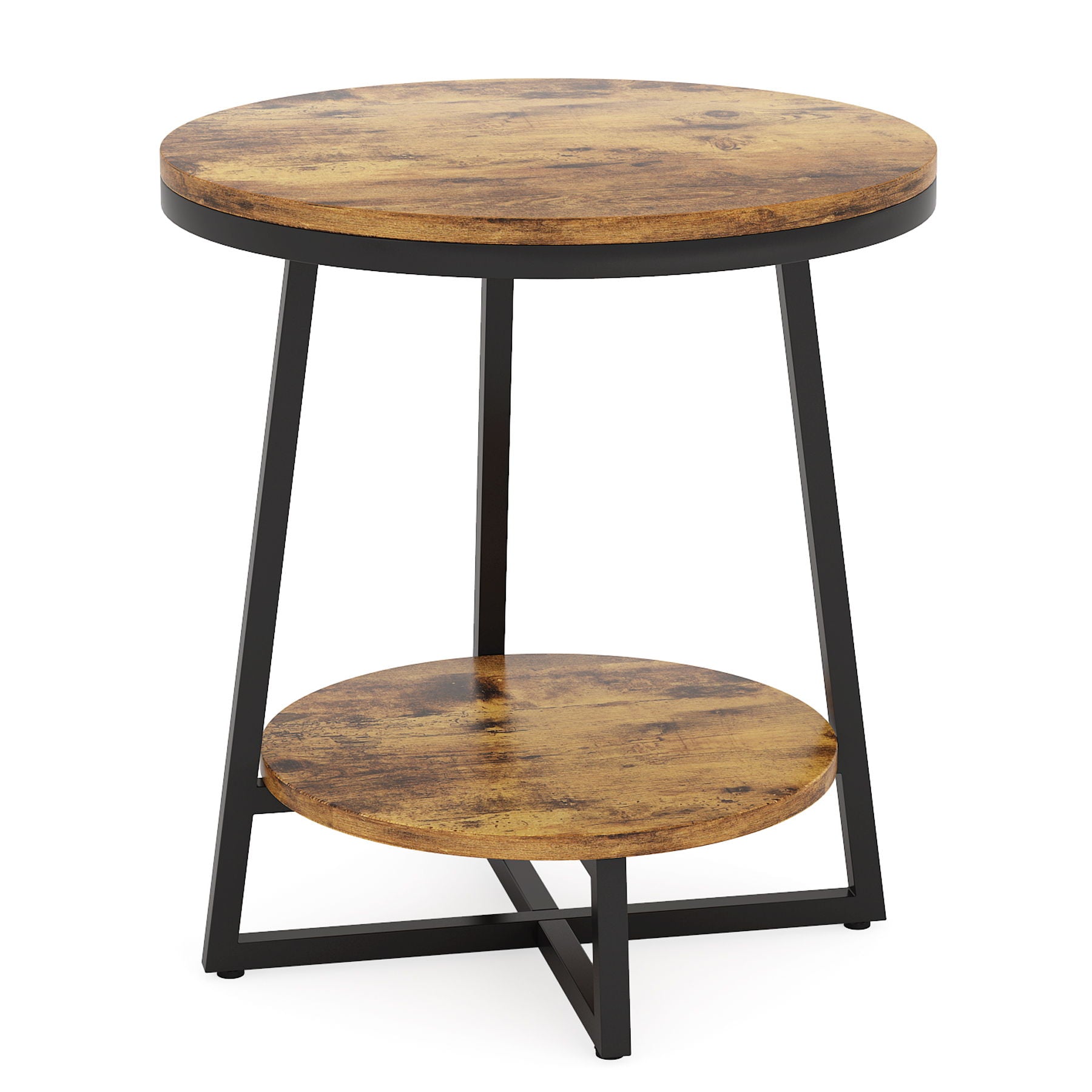 Round End Table With Hairpin Legs, 2 Tier For Living Room - Rustic Brown