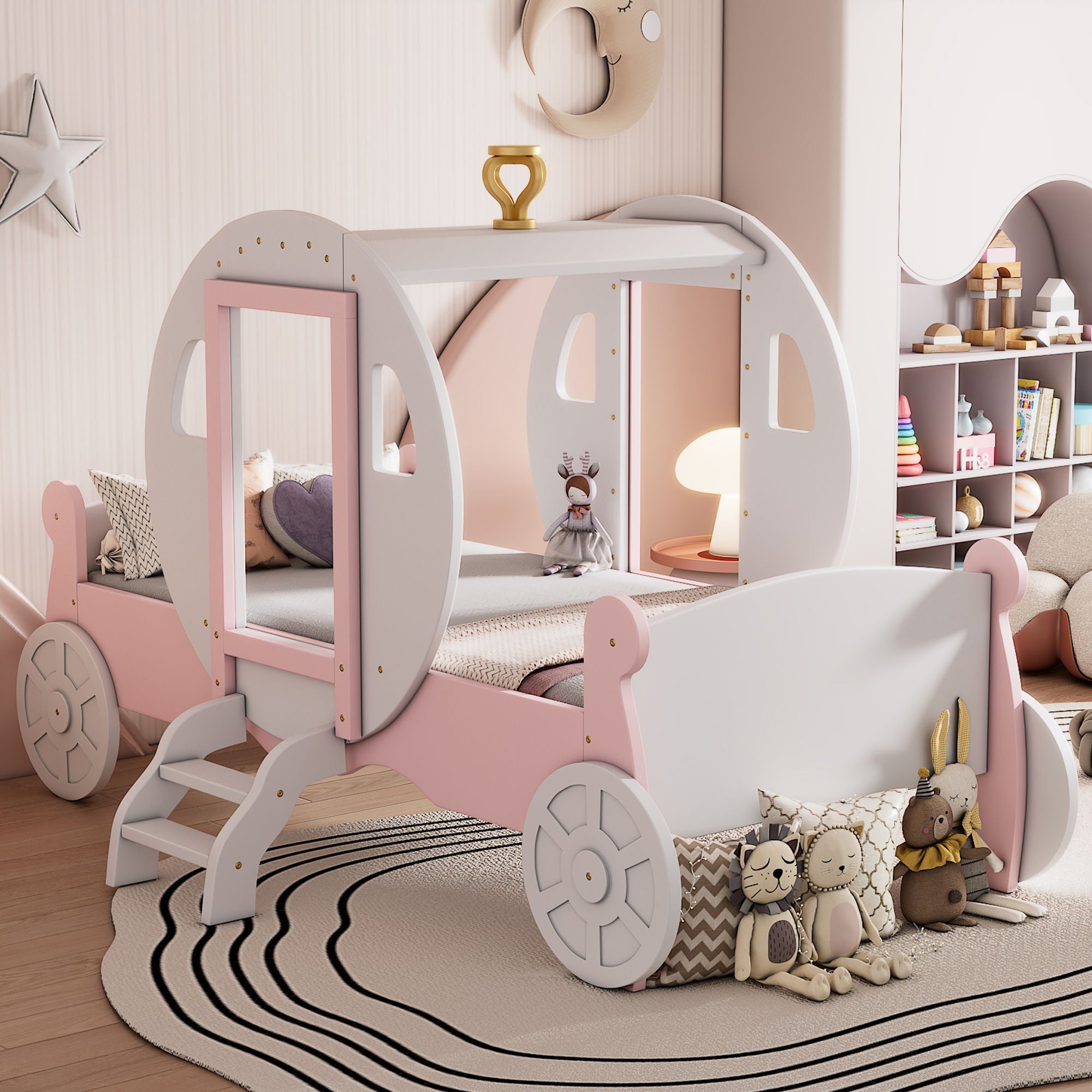 Princess Carriage Bed With Crown, Platform Car Bed With Stair