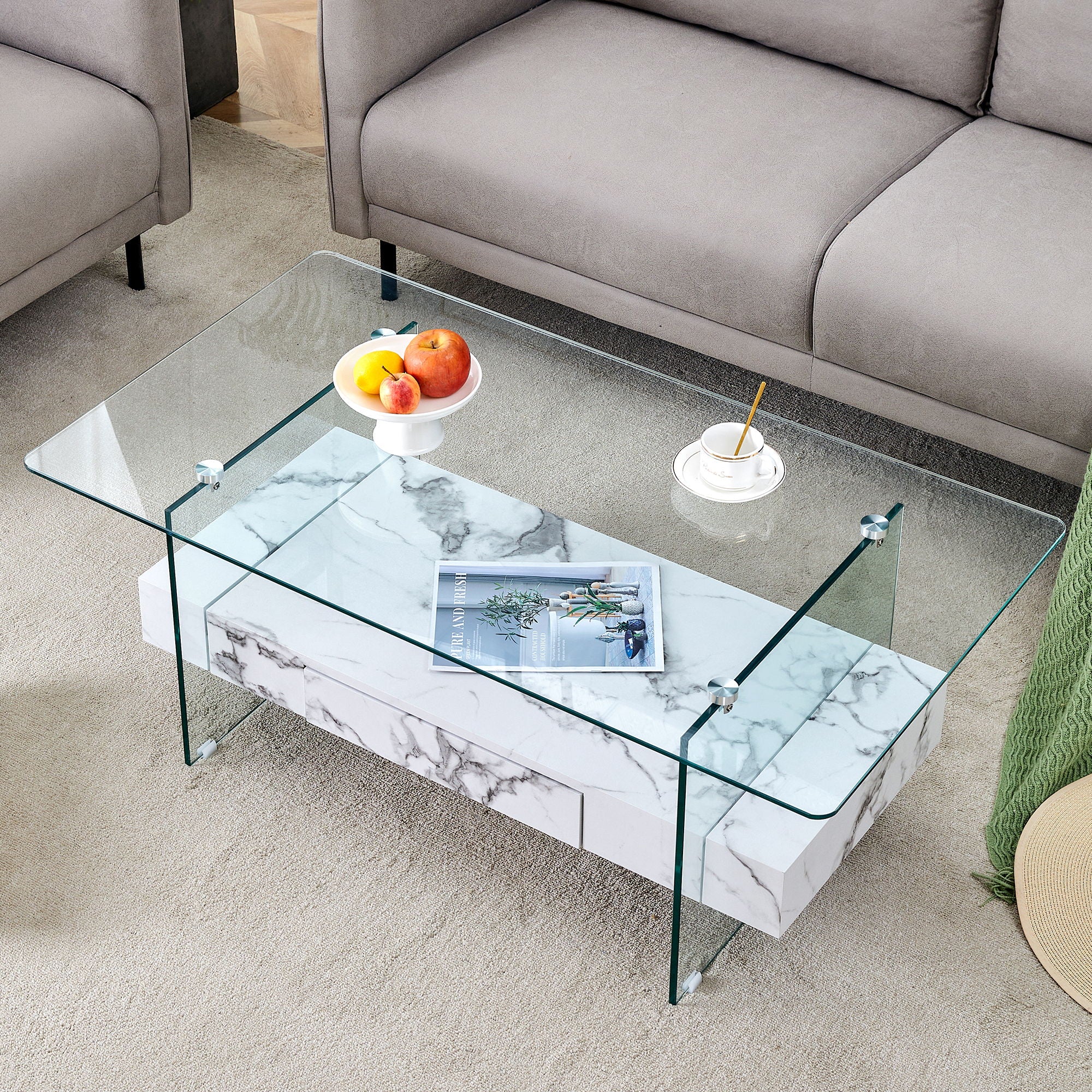 Modern 2 Tier Square Coffee Table, Elegant Marble Pattern