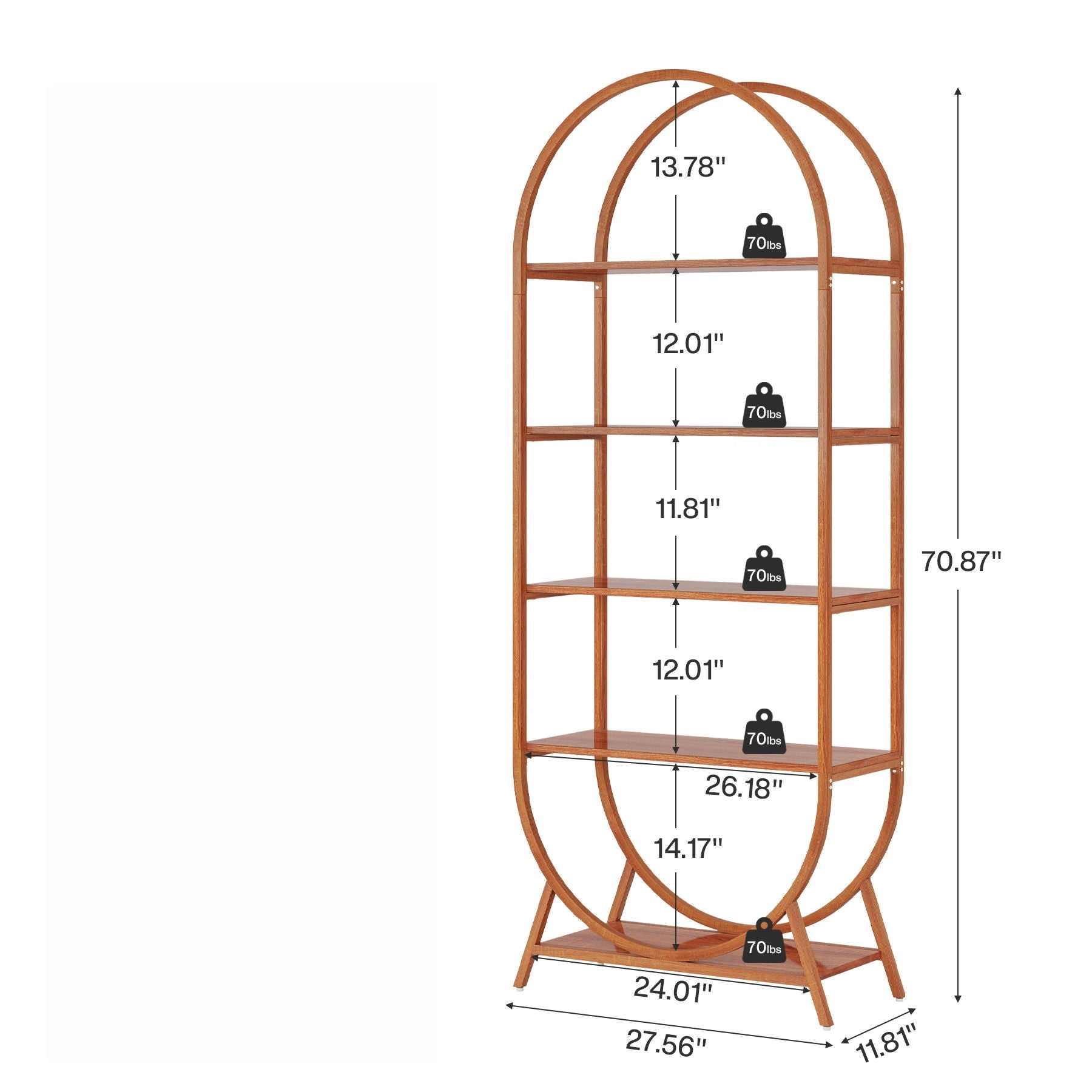 Arched 5 Tier Open Bookshelf For Office - Brown