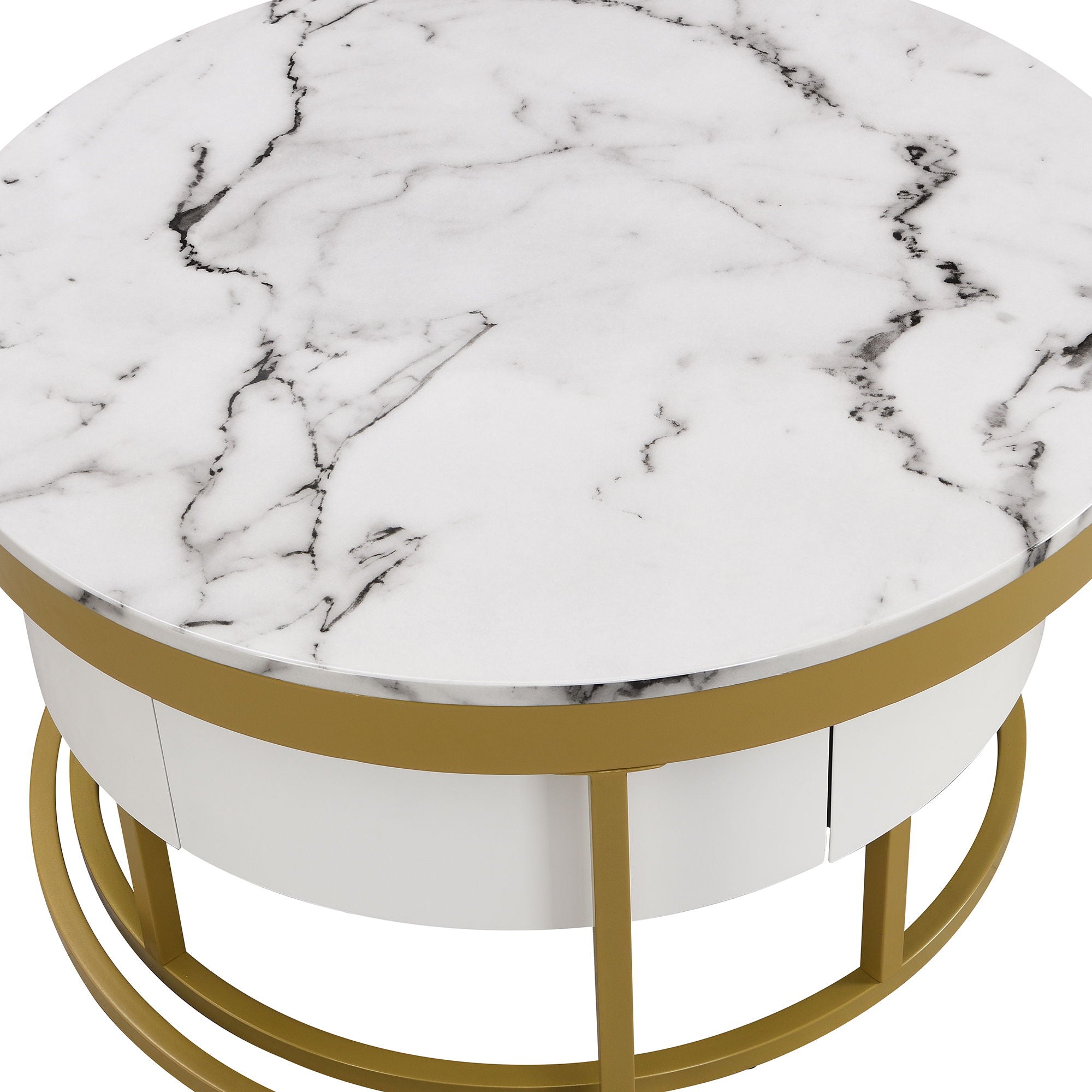 Round Nesting Coffee Table With Drawers - Golden / White