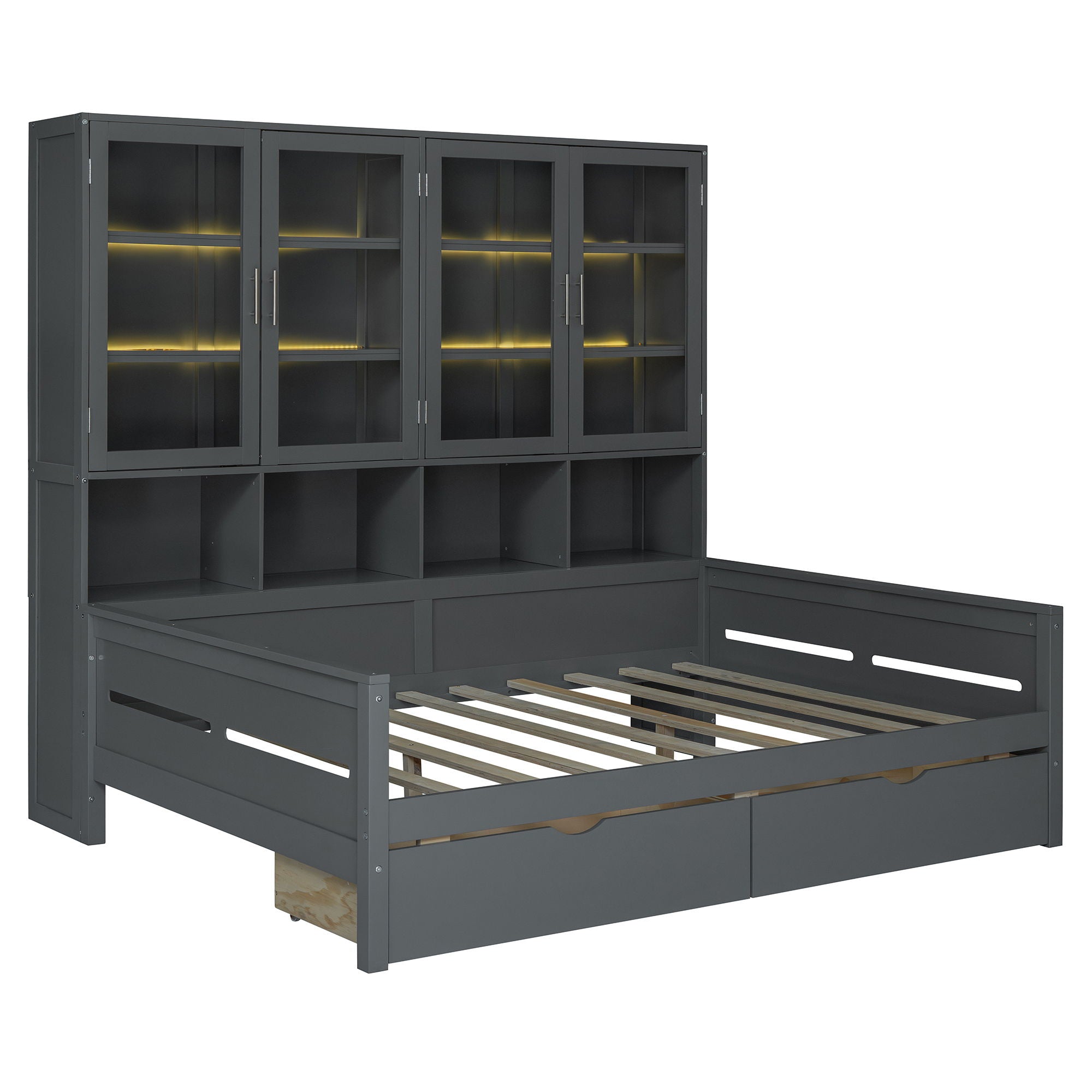 Daybed With Glass Door Storage Cabinets, Built In LED Lighting And Shelves