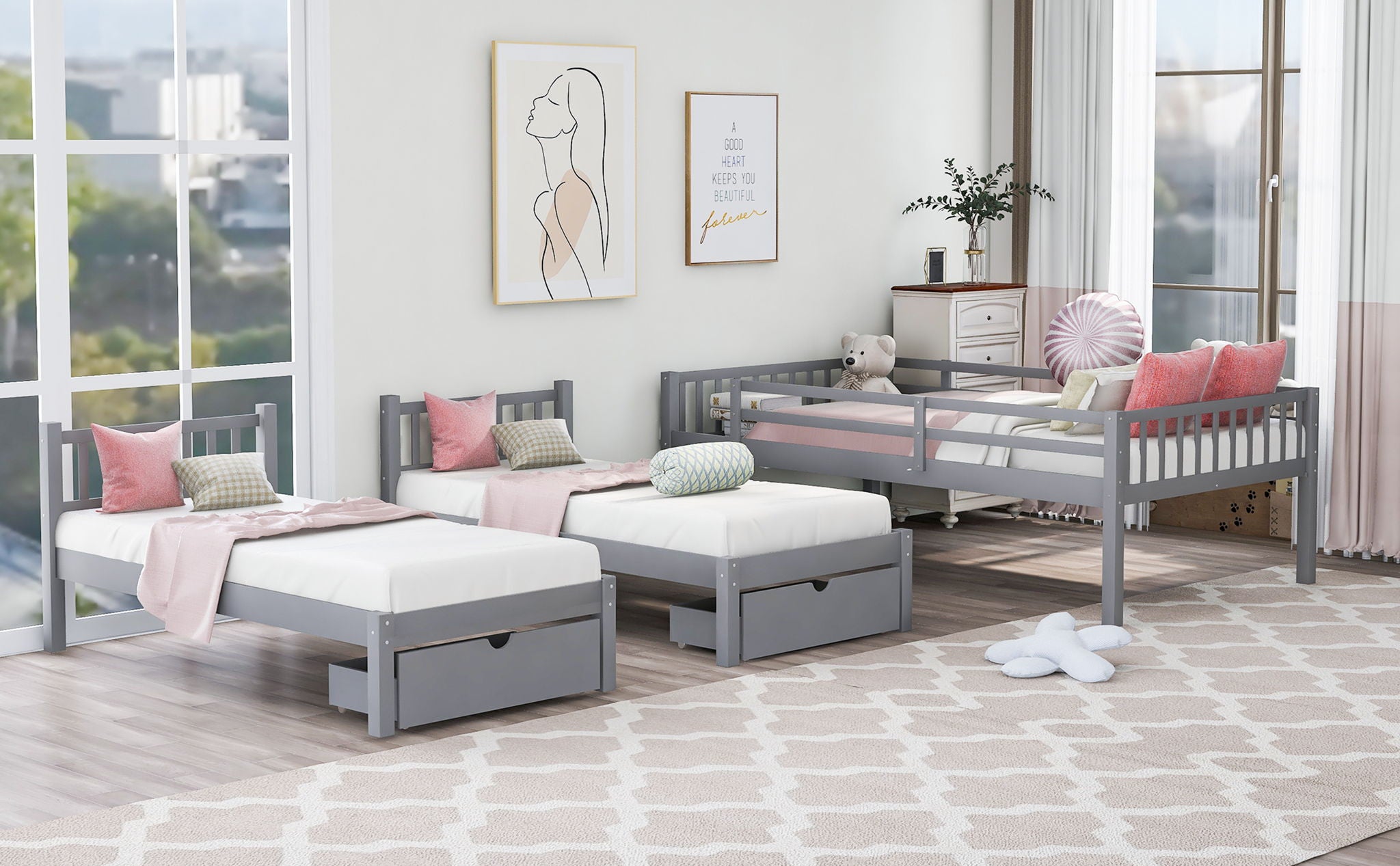 Triple Bunk Bed With Drawers And Guardrails