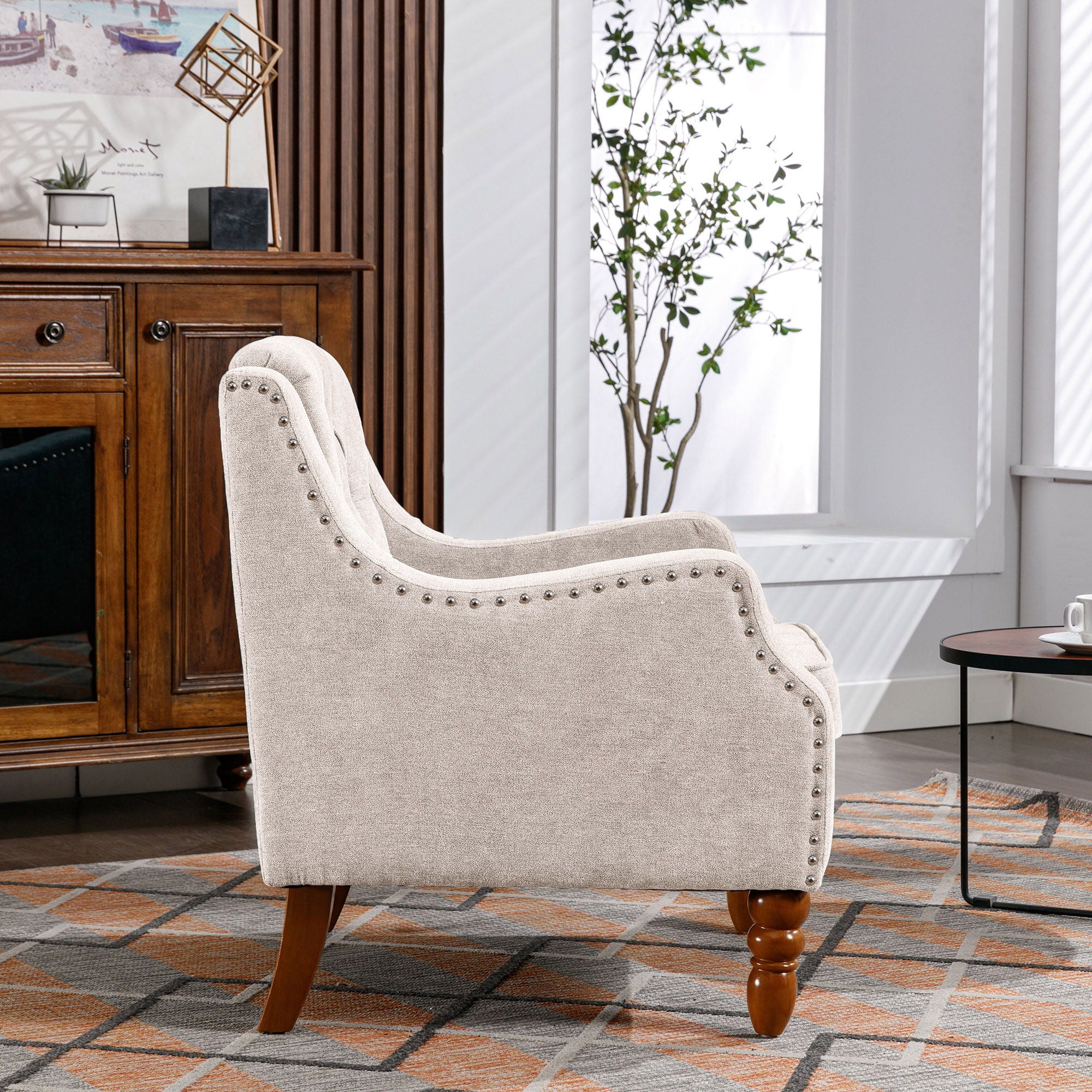 Accent Chair, Living Room Chair, Footrest Chair Set With Vintage Brass Studs, Button Tufted Upholstered Armchair For Living Room, Comfy Reading Chair For Bedroom, Reception Room - Best Buy Furniture