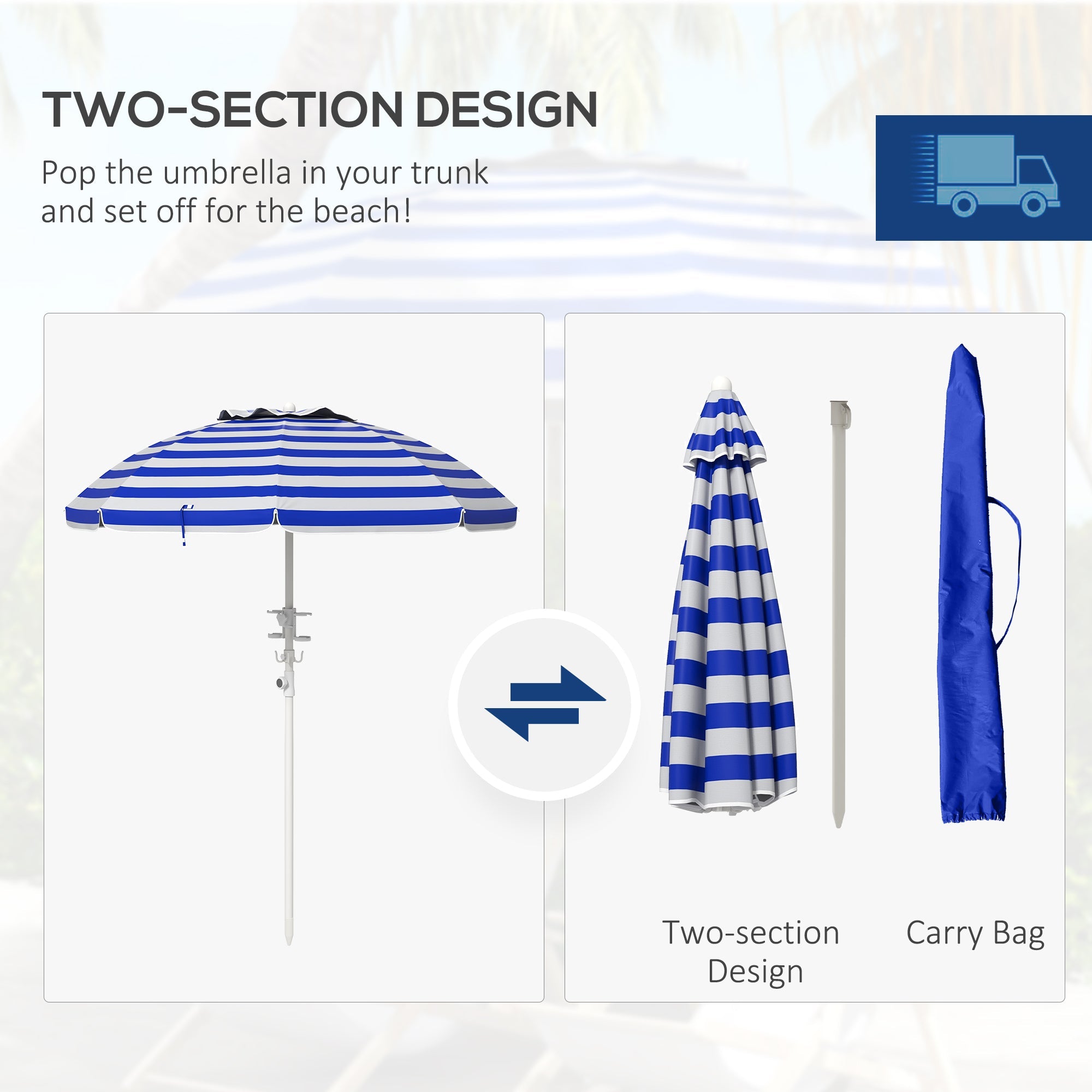 5.7' portable beach umbrella with tilt, adjustable height, 2 cup holders & hooks, uv 40+ with vented canopy, blue white stripe
