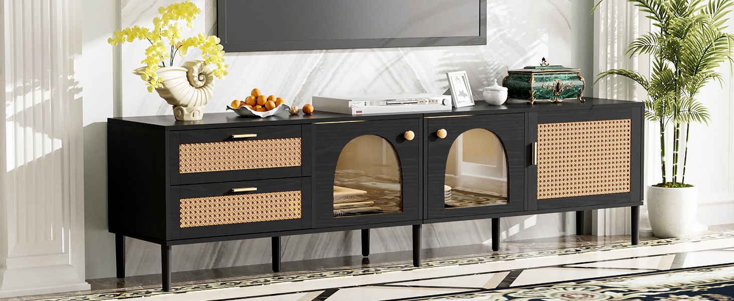 Rattan TV Stand With 3 Cabinets & 2 Drawers, Rattan-Inspired Media Console Table For Tvs Up To 80'', LED Light Entertainment Center, TV Cabinet For Living Room - Black