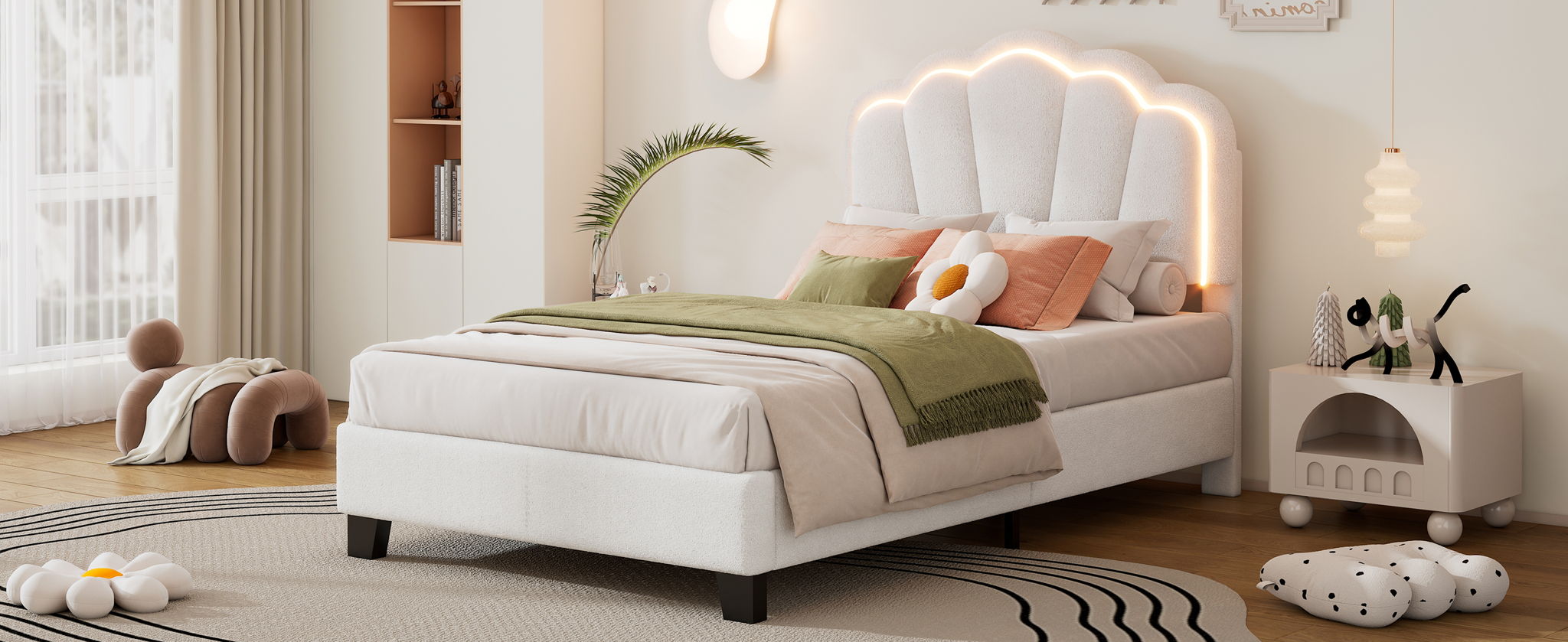Upholstered Elegant Flowers Headboard With LED Light Strip, Platform Bed With Slats Support