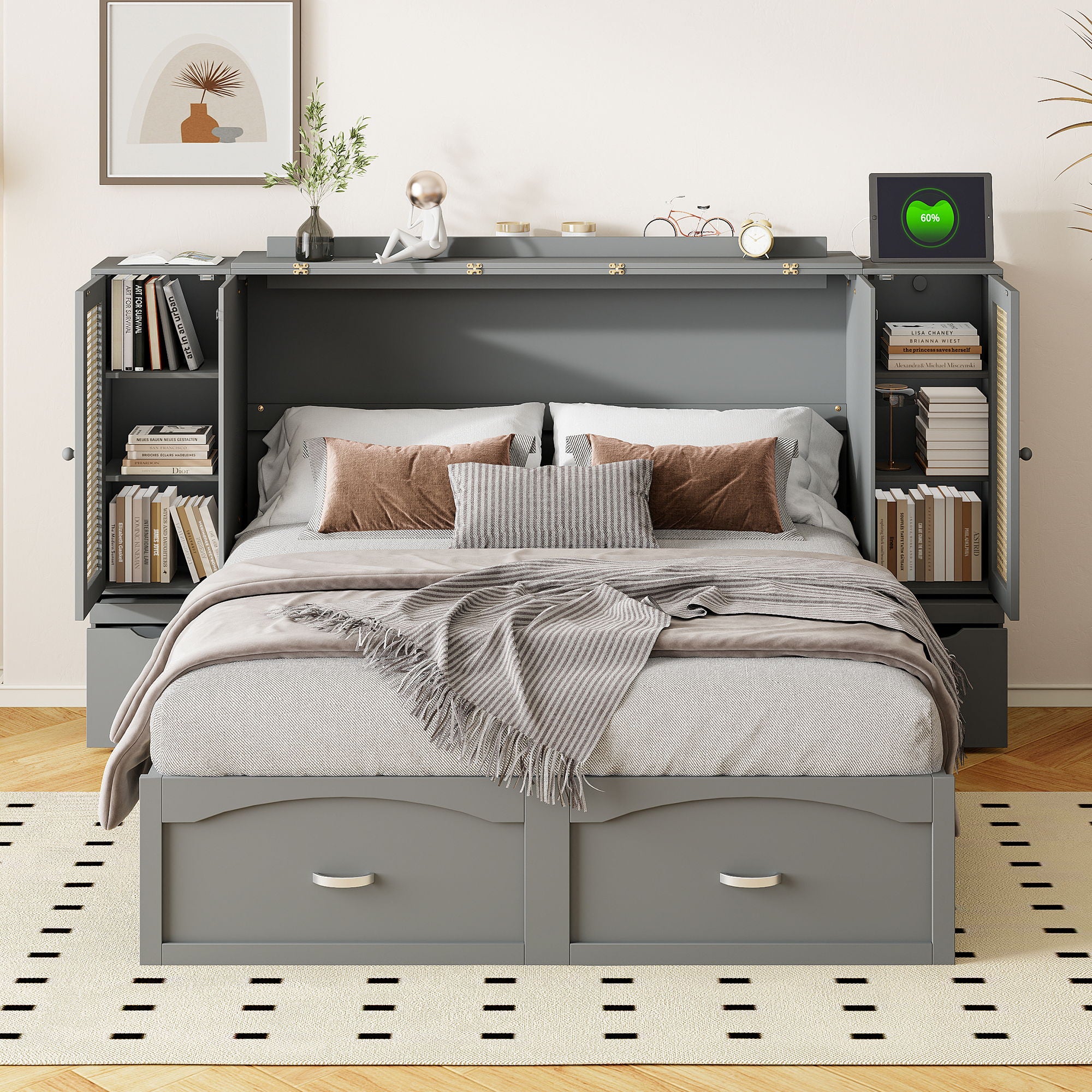 Murphy Wall Bed With Drawer And Rattan Decoration