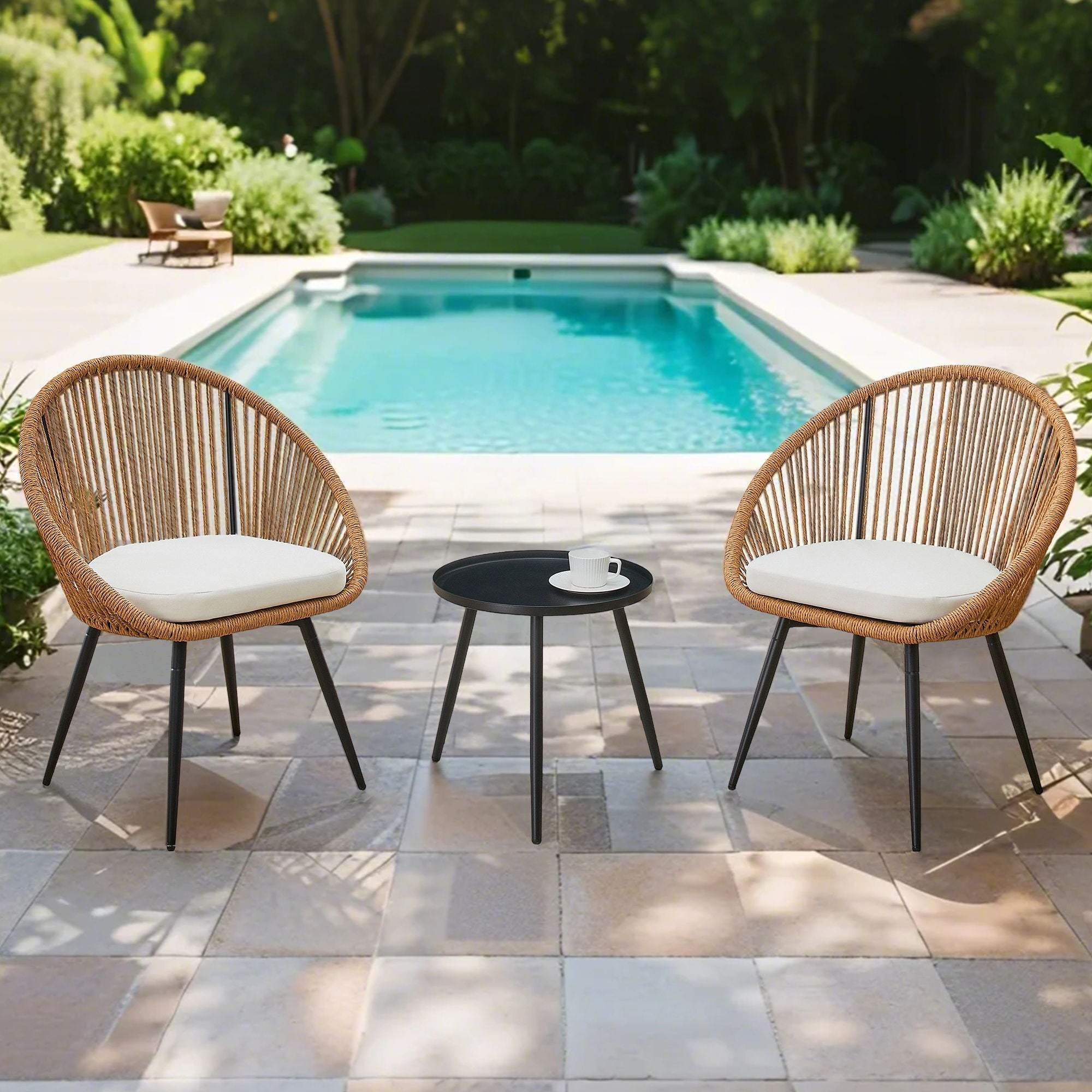 Modern 3 Piece Set, Anti - Spill Round Coffee Table, 2 Rattan Swivel Chairs, Outdoor Patio Furniture For Tea Time - Black / Wood