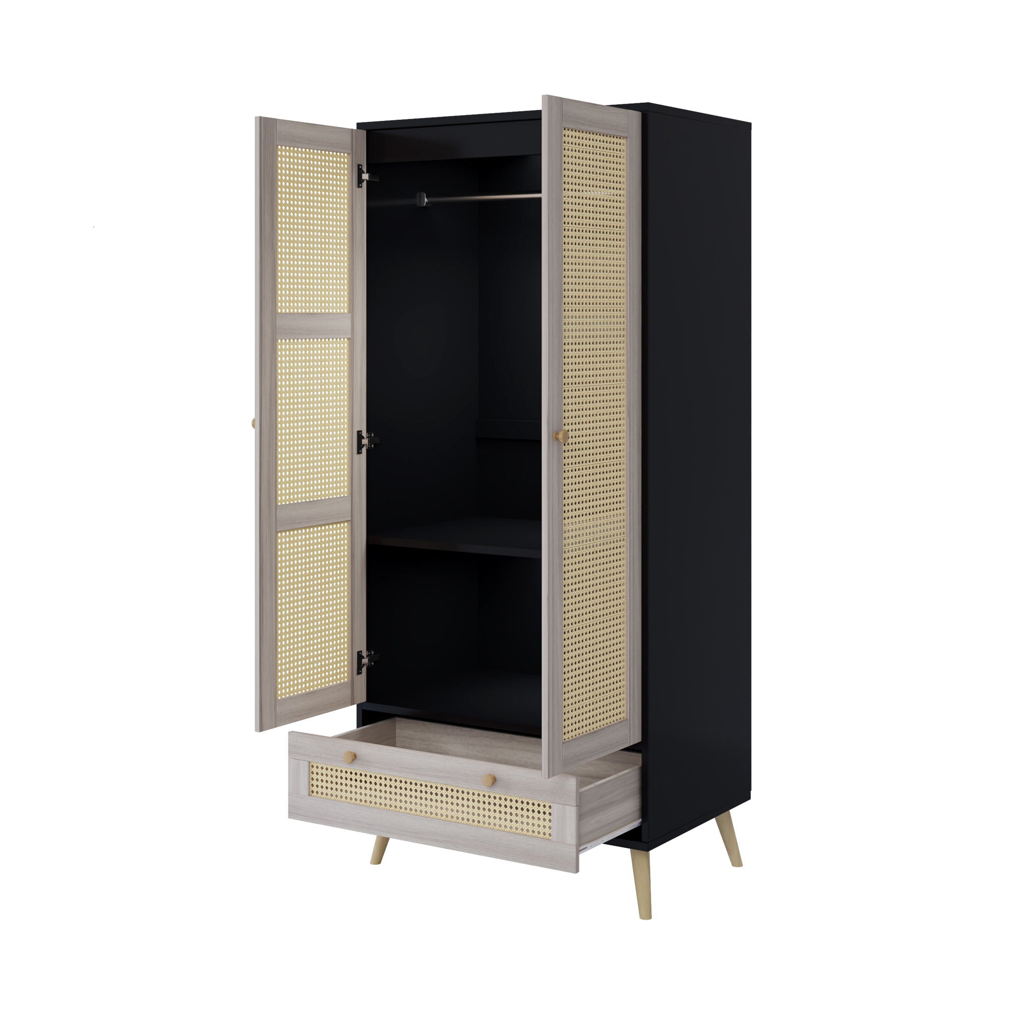 Tall Armoire Wardrobe Closet With 2 Rattan Doors & 1 Drawer, Boho Clothes Storage Cabinet With Hanging Rod For Bedroom - Natural / Black