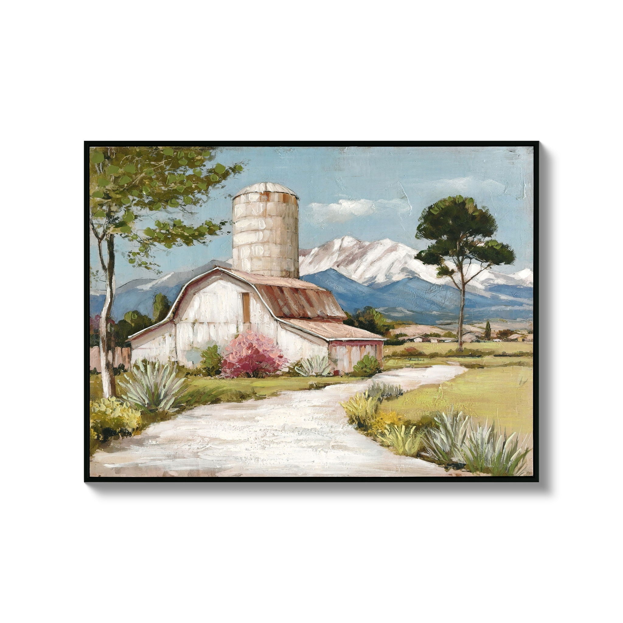 Framed Canvas Wall Art Beautiful Field Painting Wildflower Barn Print Nature Scenery Picture For Home - Blue / Pink